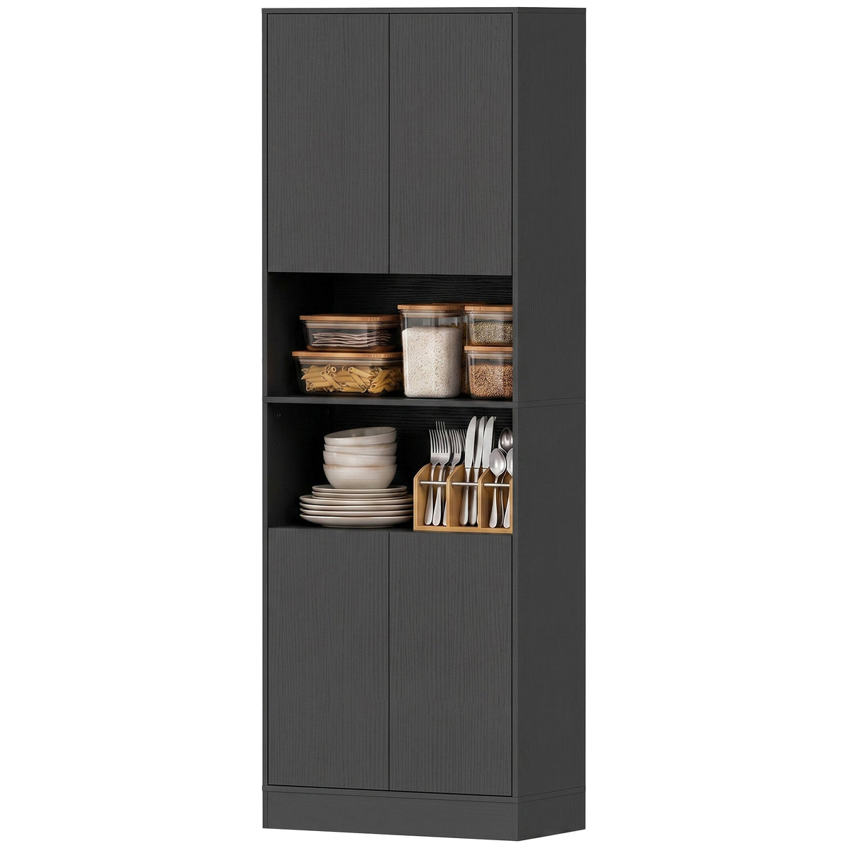 170 cm Tall Kitchen Cupboard, Pantry Storage Cabinet with Soft-Close Hinges, Freestanding Kitchen Cabinet with 2 Cupboards, 2 Open Shelves and Adjustable Shelves, Black Wood Effect