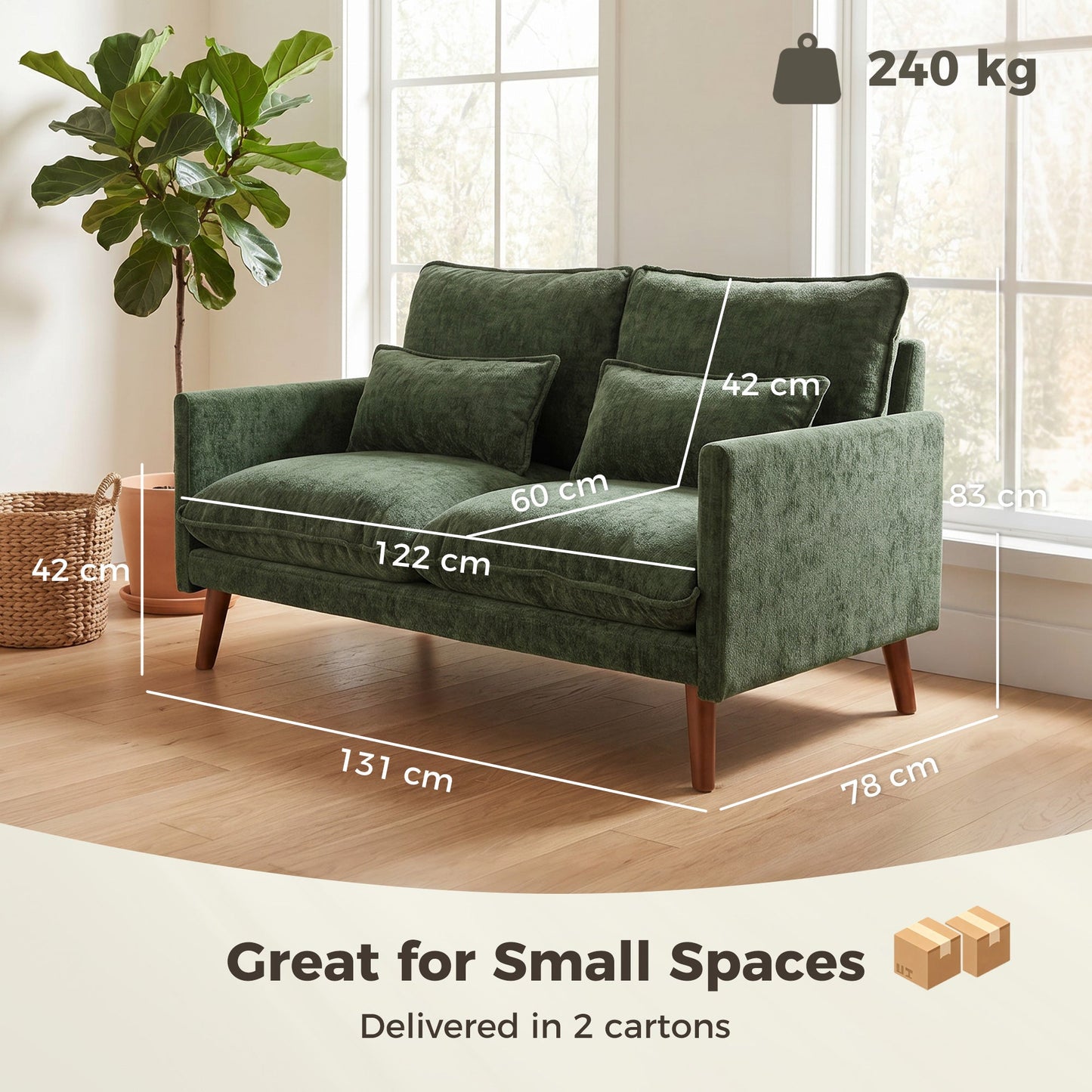 2 Seater Sofa, 131cm Velvet-Feel Fabric Loveseat Sofa with Spring Cushions, Wide and Deep Seat, Wood Legs, 2 Pillows, Modern Couch Settee for Small Space, Living Room, Bedroom, Office, Green