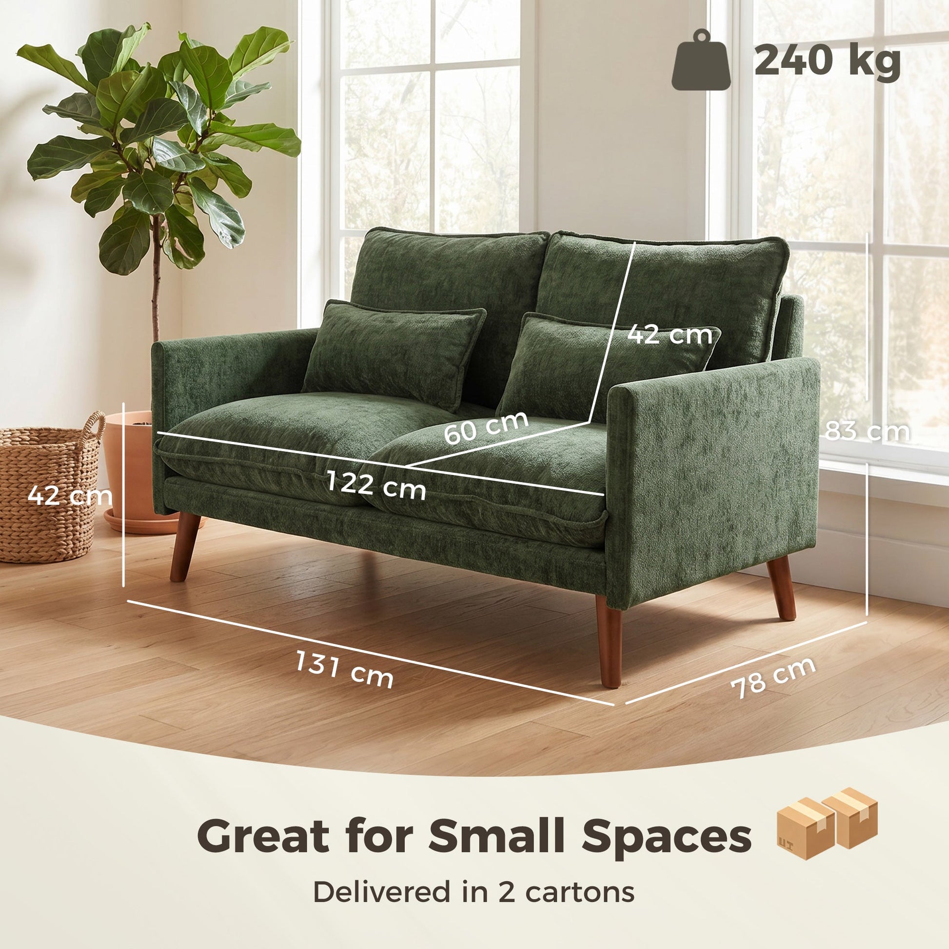 2 Seater Sofa, 131cm Velvet-Feel Fabric Loveseat Sofa with Spring Cushions, Wide and Deep Seat, Wood Legs, 2 Pillows, Modern Couch Settee for Small Space, Living Room, Bedroom, Office, Green