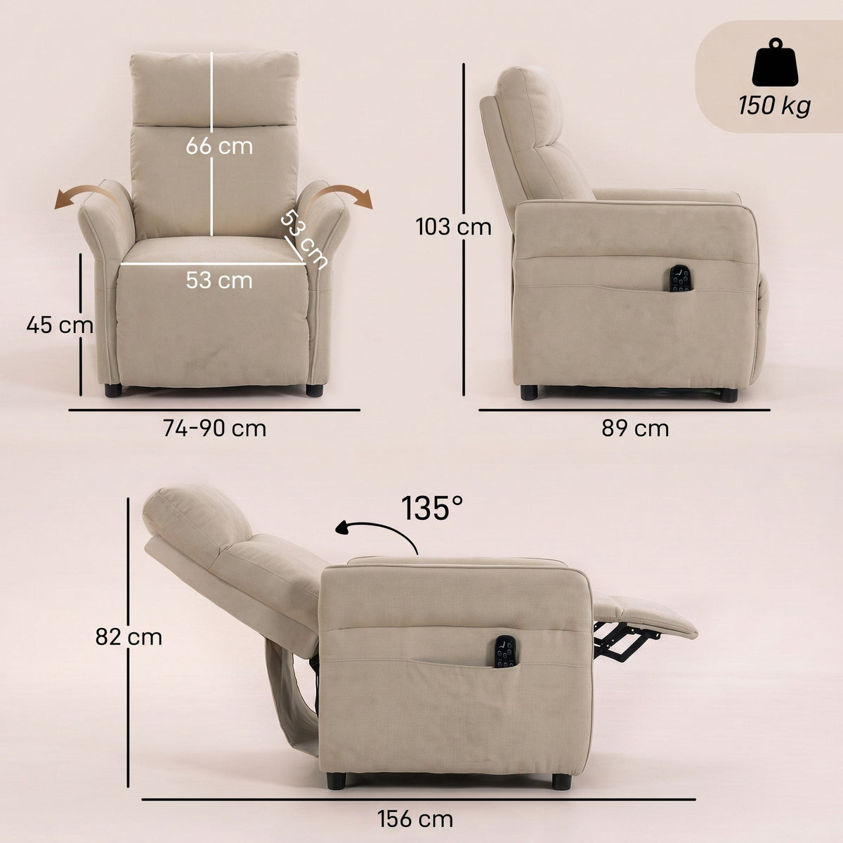 Recliner Armchair, Push Back Recliner Chair w/ Massage & Heat, Adjustable Armrests, Spring Seat, Terry Cloth Manual Reclining Single Sofa w/ Footrest, Side Pockets for Home Living Room, Beige