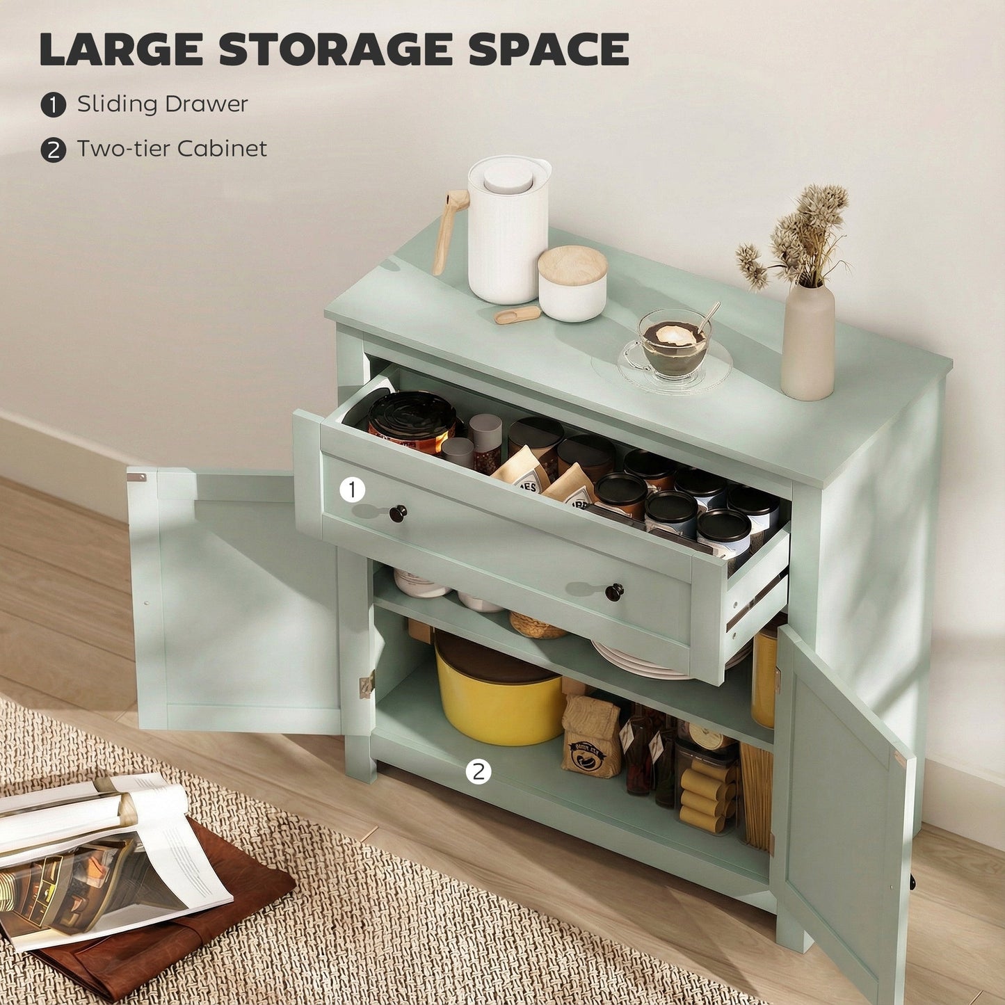 Sideboard Storage Cabinet, Modern Kitchen Cupboard with Adjustable Shelf, Drawer and Double Doors, Sideboard for Living Room, Dining Room, Hallway, Green