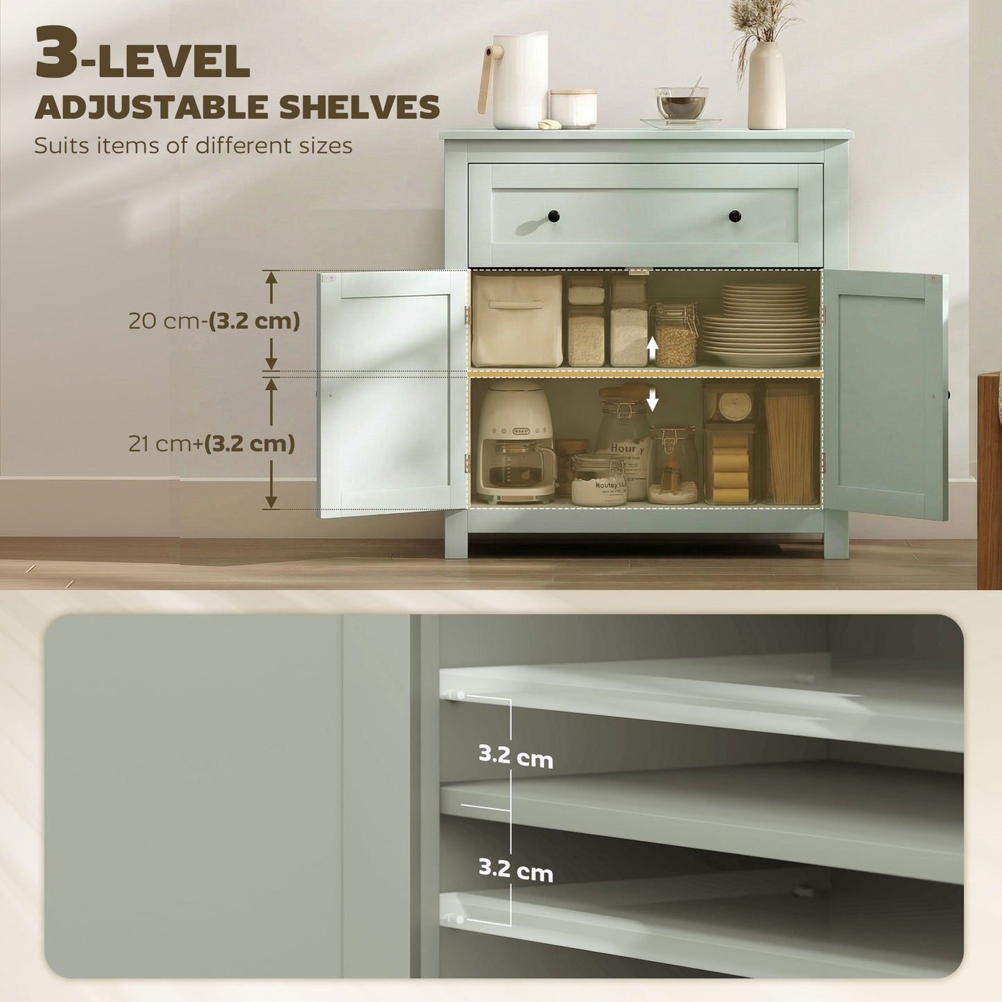 Sideboard Storage Cabinet, Modern Kitchen Cupboard with Adjustable Shelf, Drawer and Double Doors, Sideboard for Living Room, Dining Room, Hallway, Green