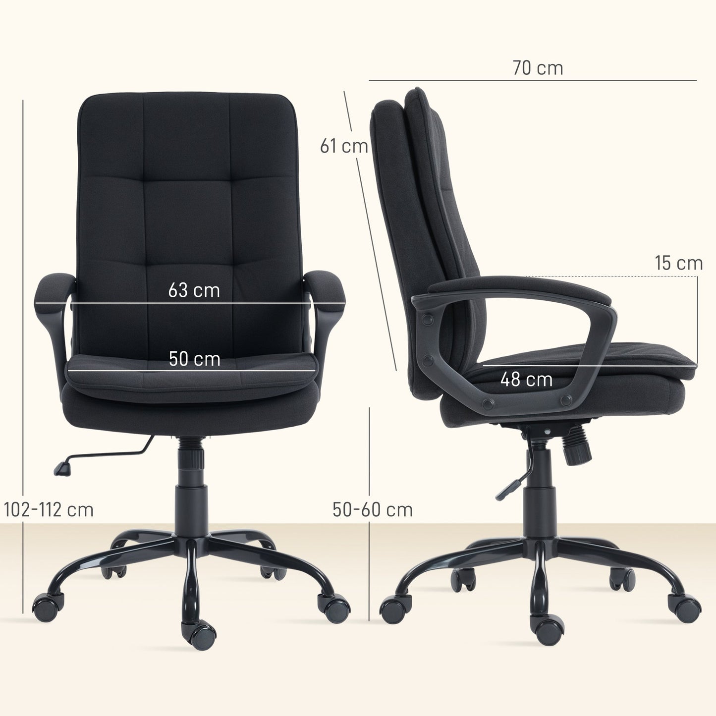 Executive Office Chair, Fabric Computer Desk Chair with Dual-Layer Padding, Adjustable Height, Armrests, Tilt Function, Swivel Wheels for Home Office, Study, Black