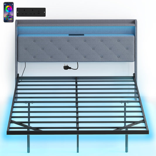 5ft King Size Bed Frame, Floating Bed Frame with Music Sync RGB LED Lights and Charging Station, Upholstered Headboard with Storage Shelves, No Box Spring Needed, Noise Free, Grey