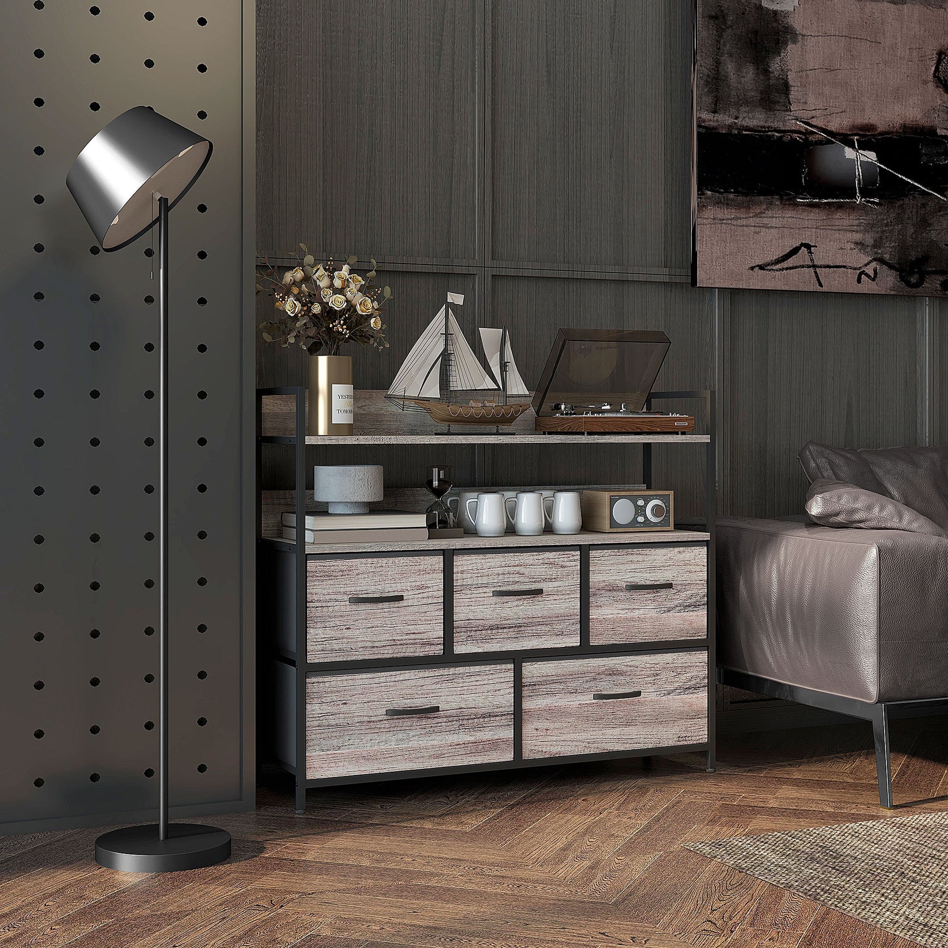 Bedroom Chest of Drawers, Fabric Dresser with 5 Drawers, Storage Organiser Unit with Open Shelves and Metal Frame for Living Room, Entryway, Grey Wood Effect