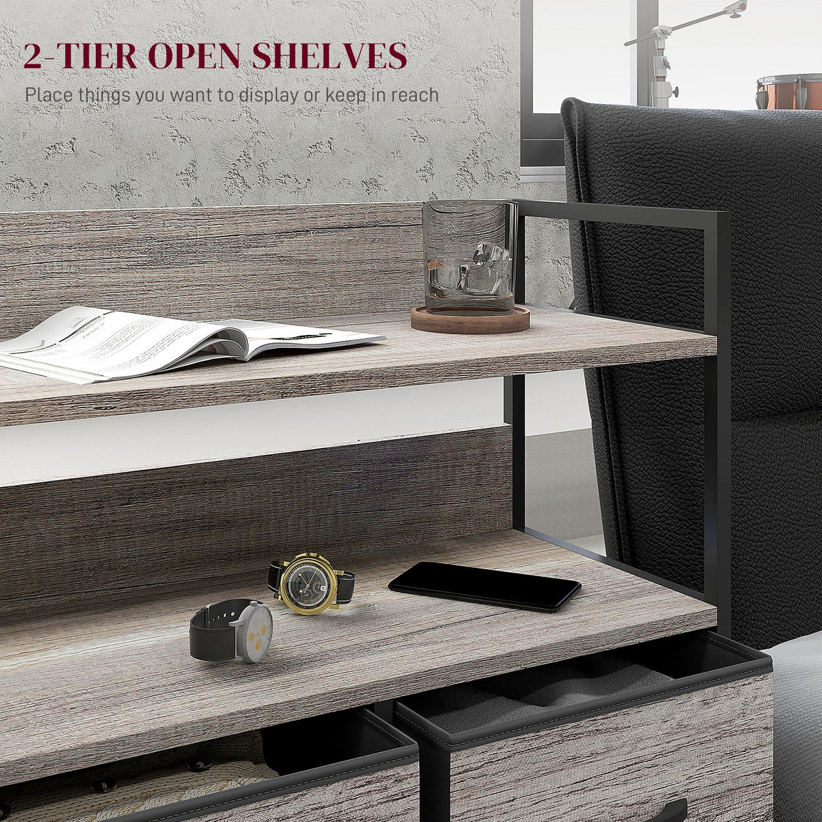 Bedroom Chest of Drawers, Fabric Dresser with 5 Drawers, Storage Organiser Unit with Open Shelves and Metal Frame for Living Room, Entryway, Grey Wood Effect