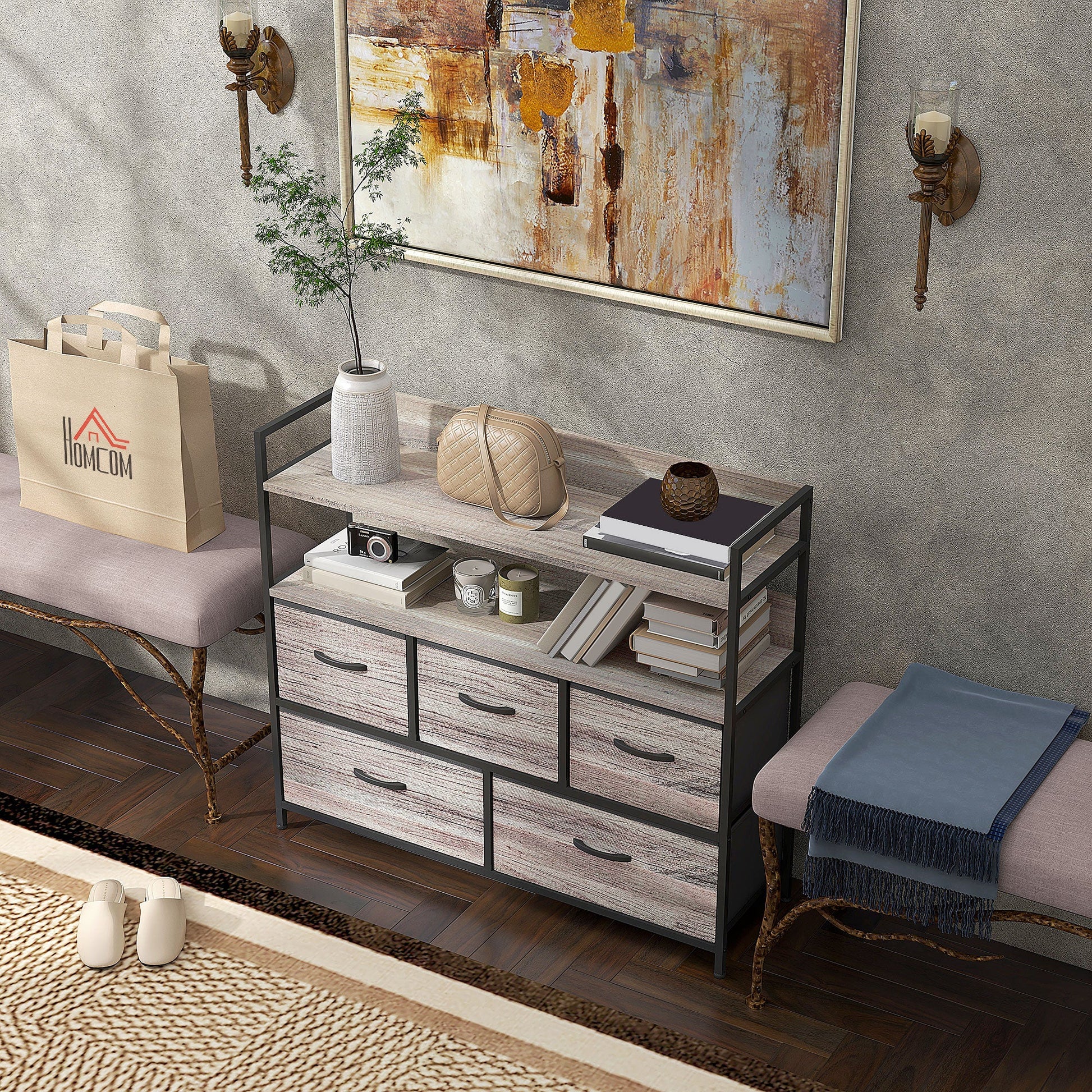 HOMCOM Bedroom Chest of Drawers, Fabric Dresser with 5 Drawers, Storage Organiser Unit with Open Shelves and Metal Frame for Living Room, Entryway, Grey Wood Effect