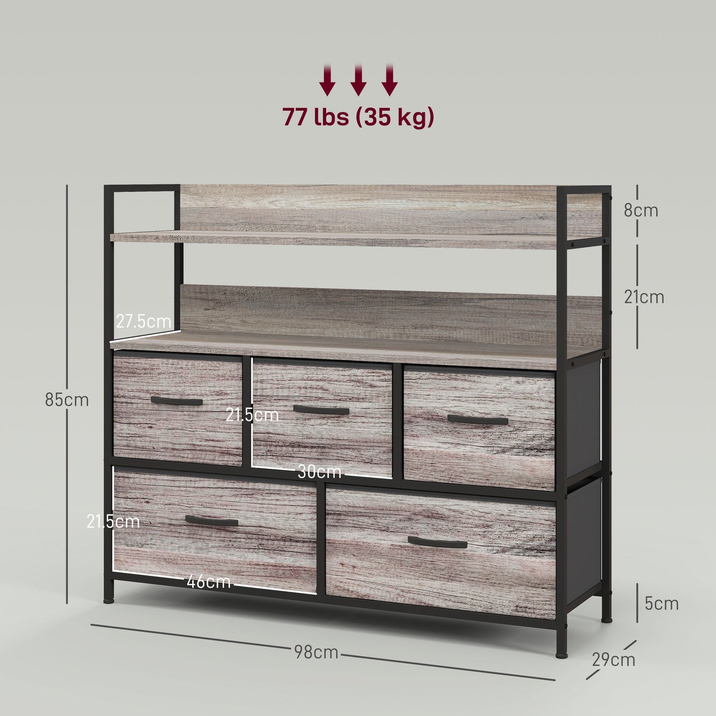 HOMCOM Bedroom Chest of Drawers, Fabric Dresser with 5 Drawers, Storage Organiser Unit with Open Shelves and Metal Frame for Living Room, Entryway, Grey Wood Effect