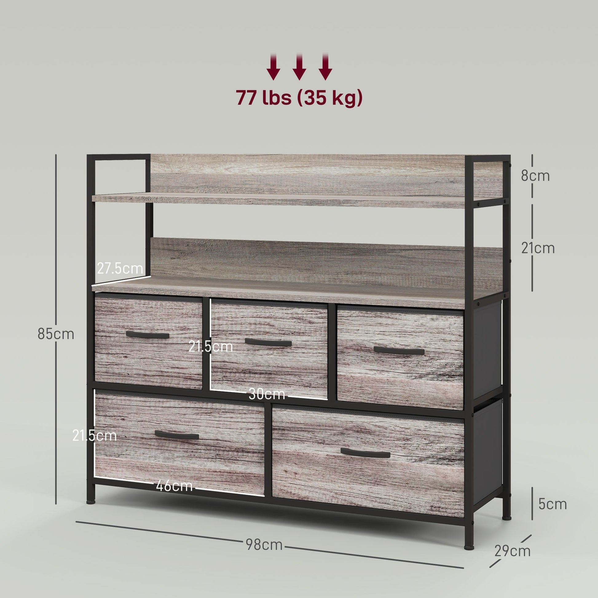 HOMCOM Bedroom Chest of Drawers, Fabric Dresser with 5 Drawers, Storage Organiser Unit with Open Shelves and Metal Frame for Living Room, Entryway, Grey Wood Effect
