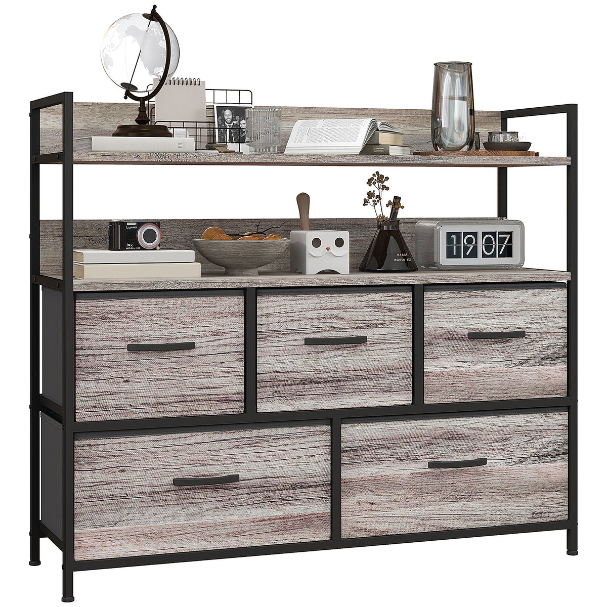 Bedroom Chest of Drawers, Fabric Dresser with 5 Drawers, Storage Organiser Unit with Open Shelves and Metal Frame for Living Room, Entryway, Grey Wood Effect