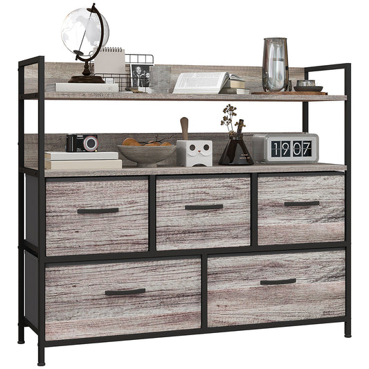 Bedroom Chest of Drawers, Fabric Dresser with 5 Drawers, Storage Organiser Unit with Open Shelves and Metal Frame for Living Room, Entryway, Grey Wood Effect