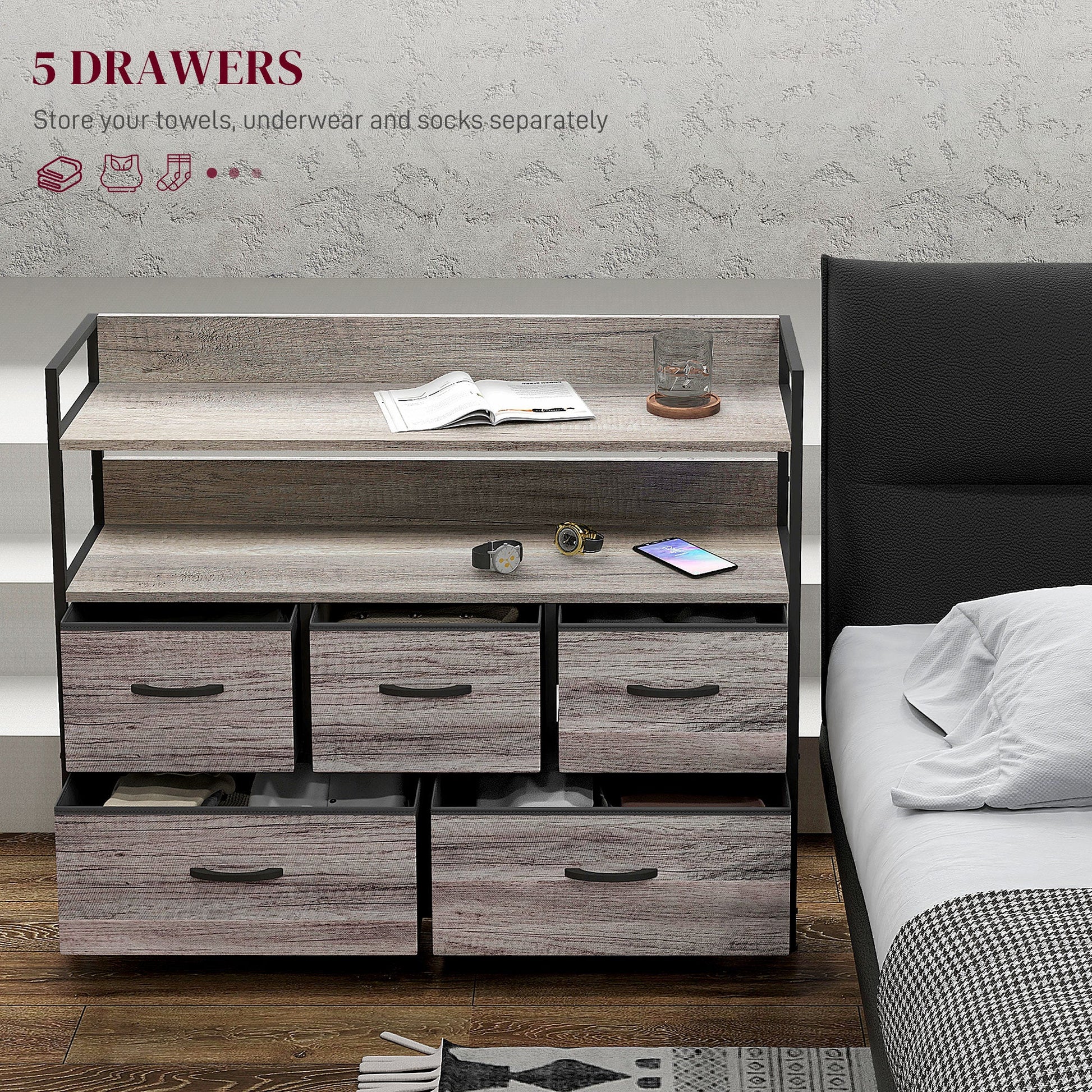 HOMCOM Bedroom Chest of Drawers, Fabric Dresser with 5 Drawers, Storage Organiser Unit with Open Shelves and Metal Frame for Living Room, Entryway, Grey Wood Effect
