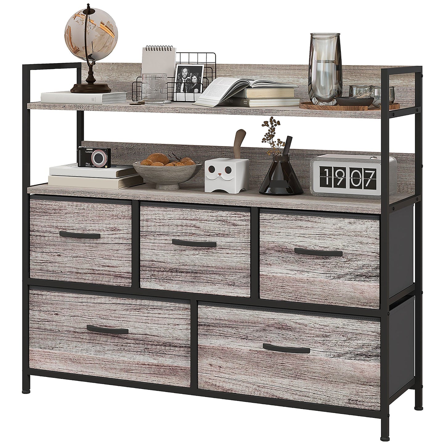 Bedroom Chest of Drawers, Fabric Dresser with 5 Drawers, Storage Organiser Unit with Open Shelves and Metal Frame for Living Room, Entryway, Grey Wood Effect