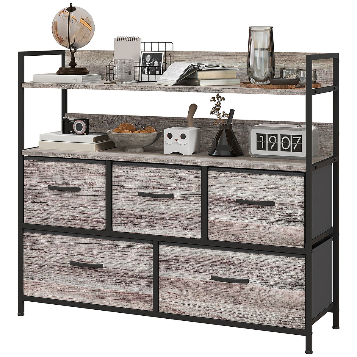 Bedroom Chest of Drawers, Fabric Dresser with 5 Drawers, Storage Organiser Unit with Open Shelves and Metal Frame for Living Room, Entryway, Grey Wood Effect