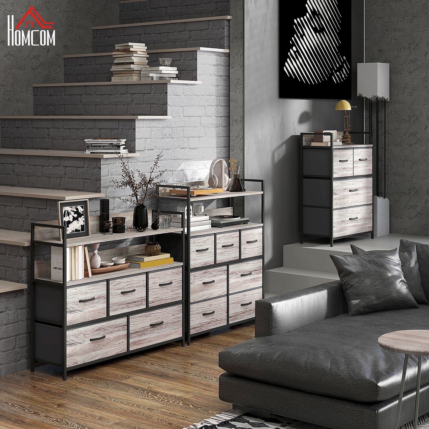 HOMCOM Bedroom Chest of Drawers, Fabric Dresser with 5 Drawers, Storage Organiser Unit with Open Shelves and Metal Frame for Living Room, Entryway, Grey Wood Effect
