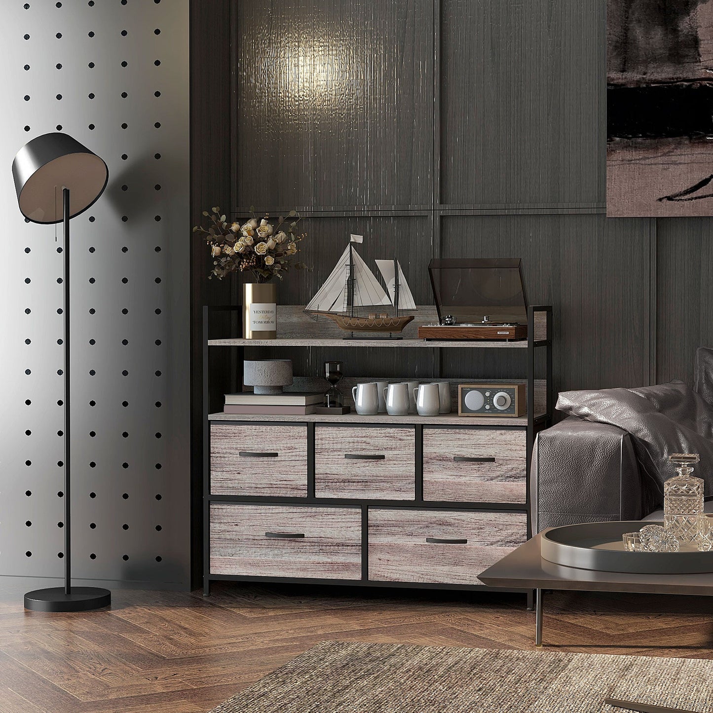 HOMCOM Bedroom Chest of Drawers, Fabric Dresser with 5 Drawers, Storage Organiser Unit with Open Shelves and Metal Frame for Living Room, Entryway, Grey Wood Effect