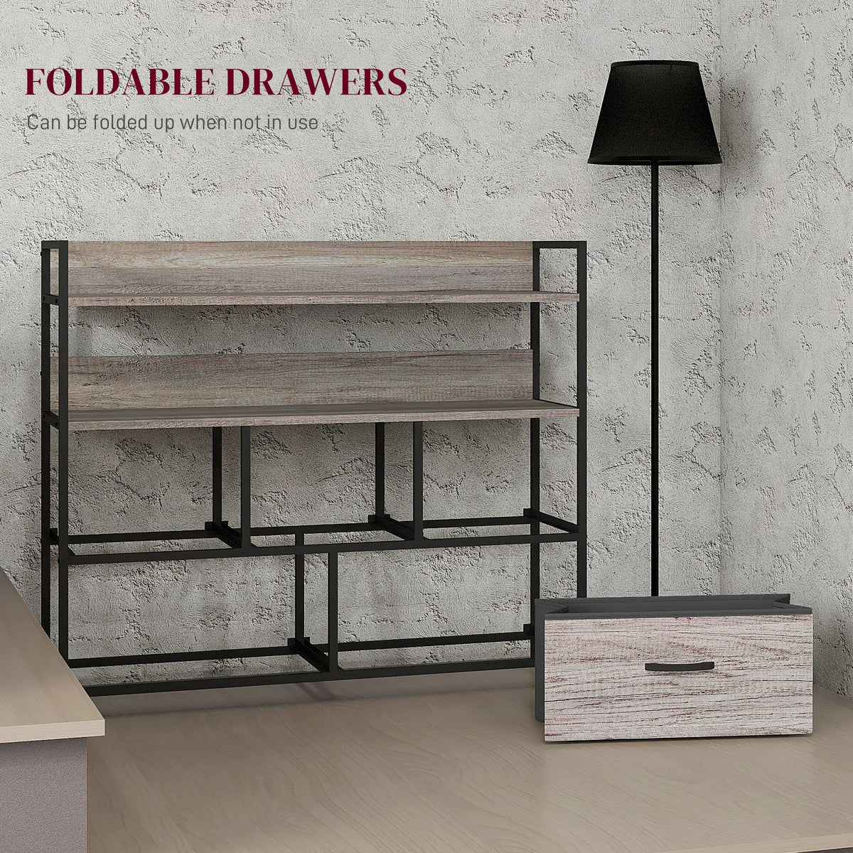 Bedroom Chest of Drawers, Fabric Dresser with 5 Drawers, Storage Organiser Unit with Open Shelves and Metal Frame for Living Room, Entryway, Grey Wood Effect
