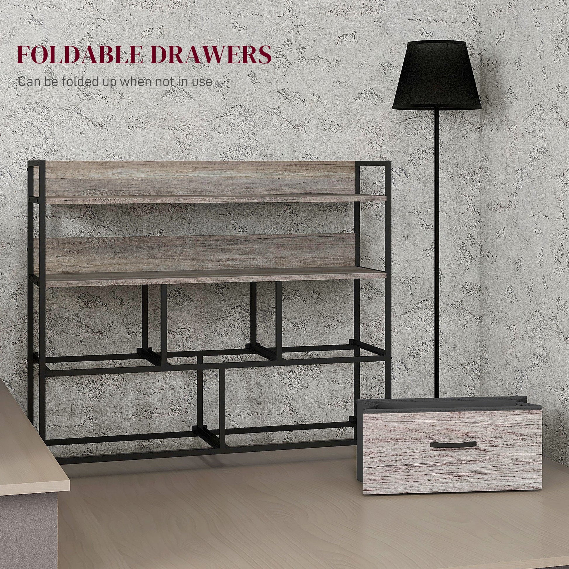 Bedroom Chest of Drawers, Fabric Dresser with 5 Drawers, Storage Organiser Unit with Open Shelves and Metal Frame for Living Room, Entryway, Grey Wood Effect