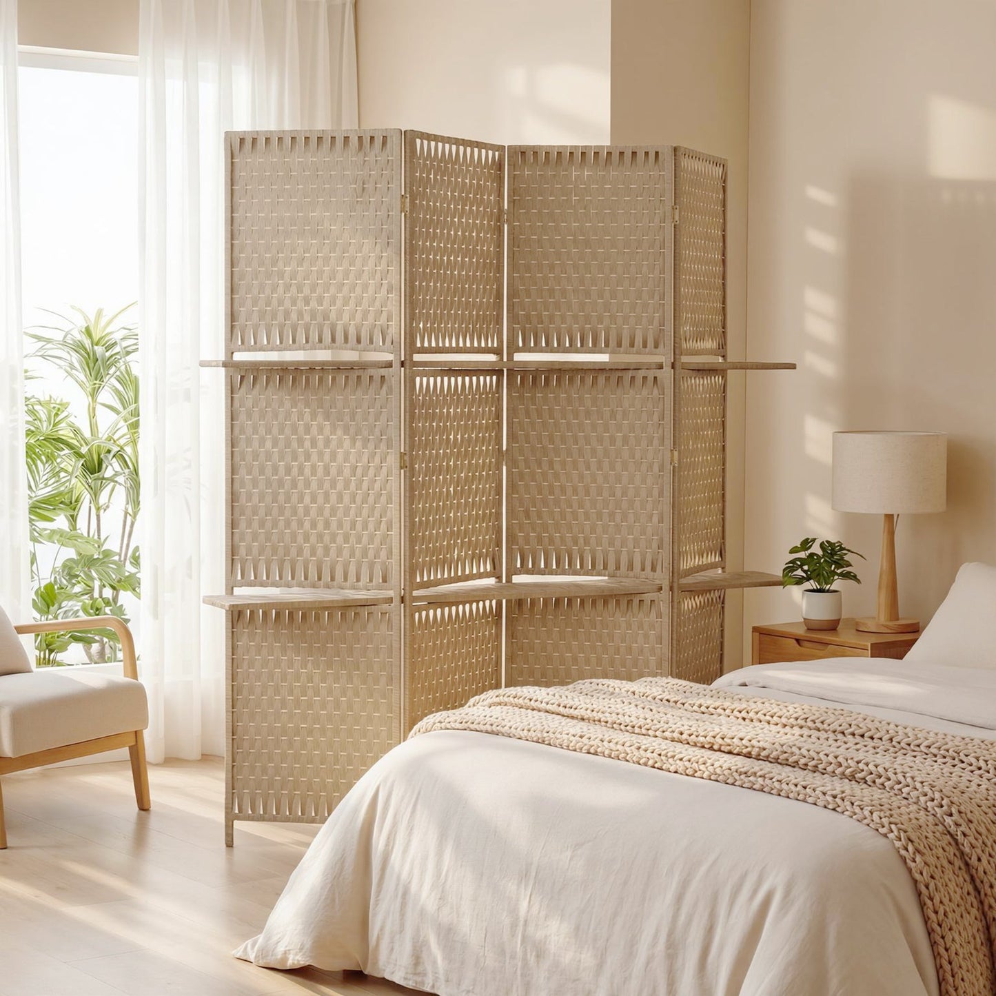 4-Panel Room Divider with Shelves, Wave Fibre Freestanding Folding Privacy Screen Panels, Partition Wall Divider for Indoor Bedroom Office, 180 cm, Natural Wood Finish