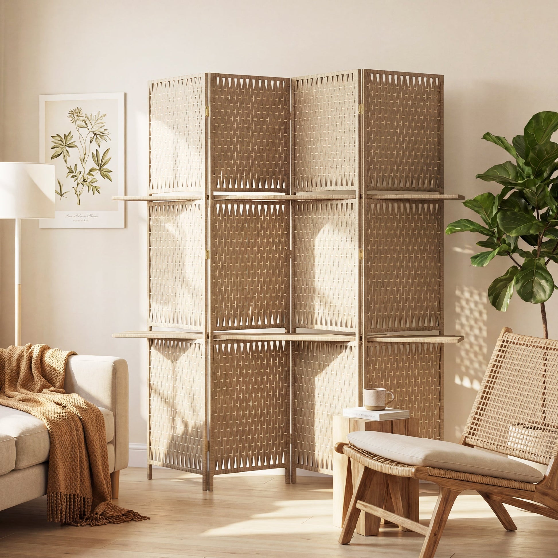 4-Panel Room Divider with Shelves, Wave Fibre Freestanding Folding Privacy Screen Panels, Partition Wall Divider for Indoor Bedroom Office, 180 cm, Natural Wood Finish