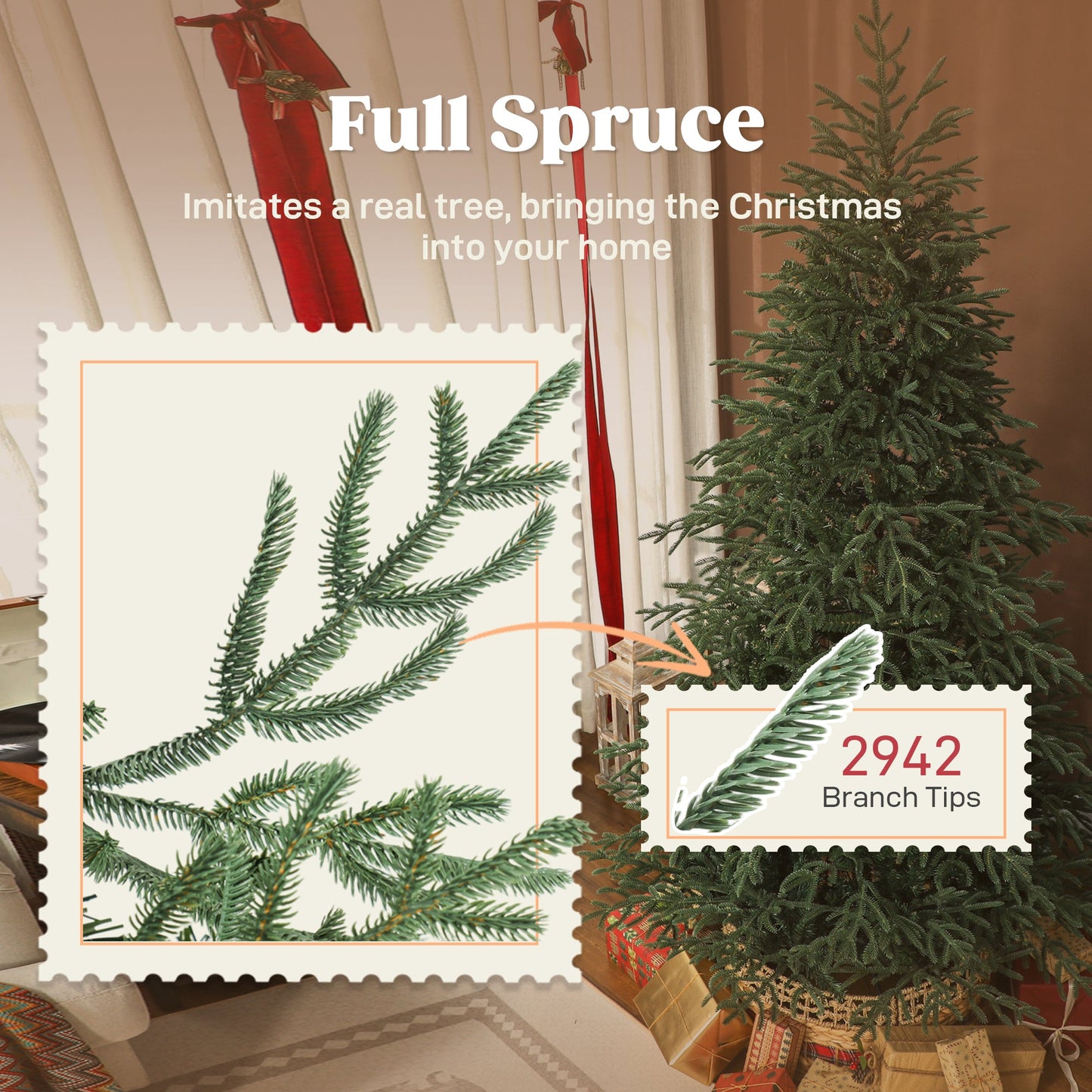 7 ft Artificial Christmas Tree with 2942 Realistic Dense Branches, Full Spruce, Hinged Xmas Tree with Metal Stand, Easy Assembly, Green