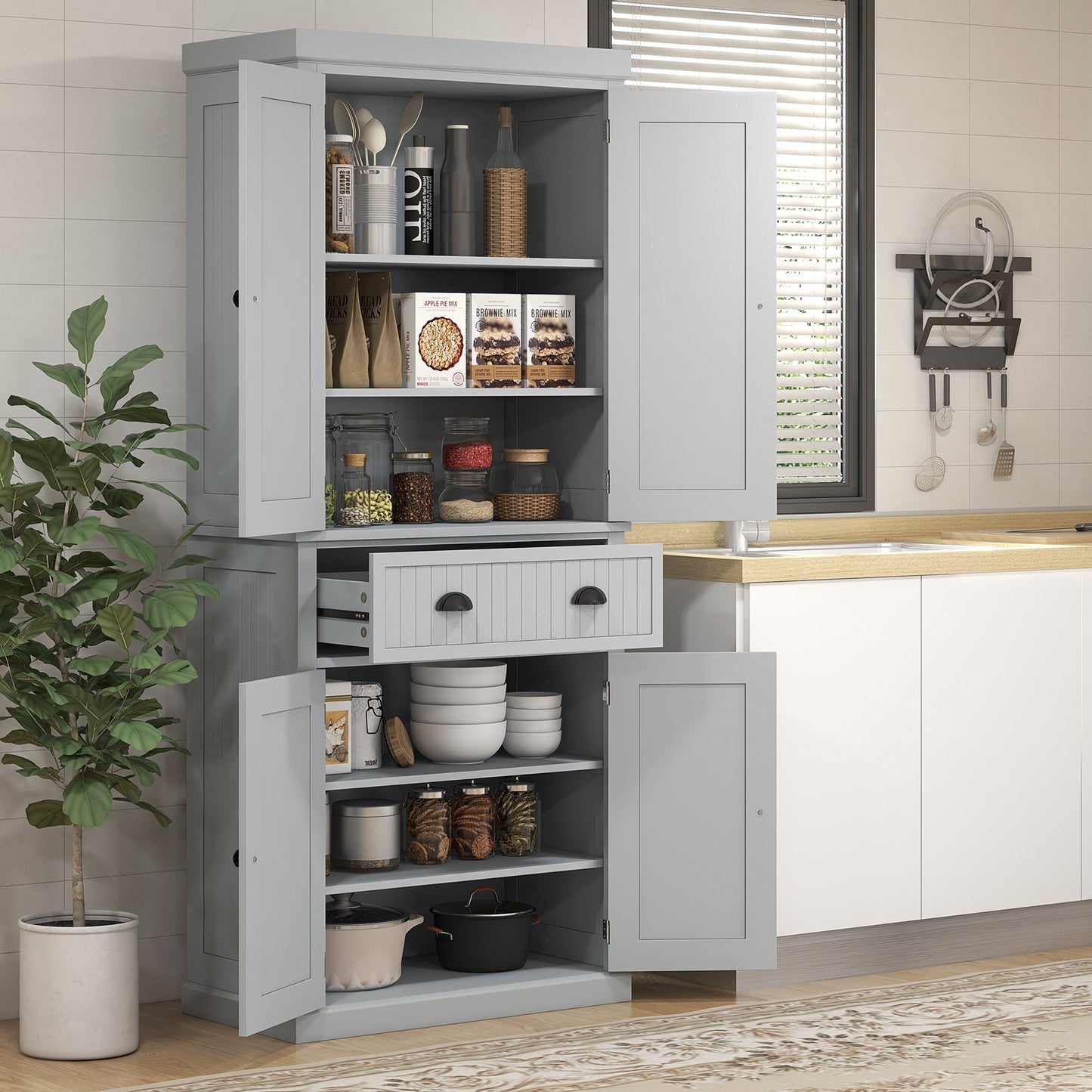 183cm Tall Kitchen Cupboard, Kitchen Pantry Cabinet with Drawer, 3 Adjustable Shelves and 4 Doors, Freestanding Storage Cabinet for Dining Room, Living Room, Grey