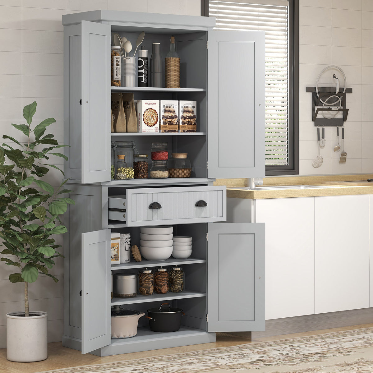 183cm Tall Kitchen Cupboard, Kitchen Pantry Cabinet with Drawer, 3 Adjustable Shelves and 4 Doors, Freestanding Storage Cabinet for Dining Room, Living Room, Grey