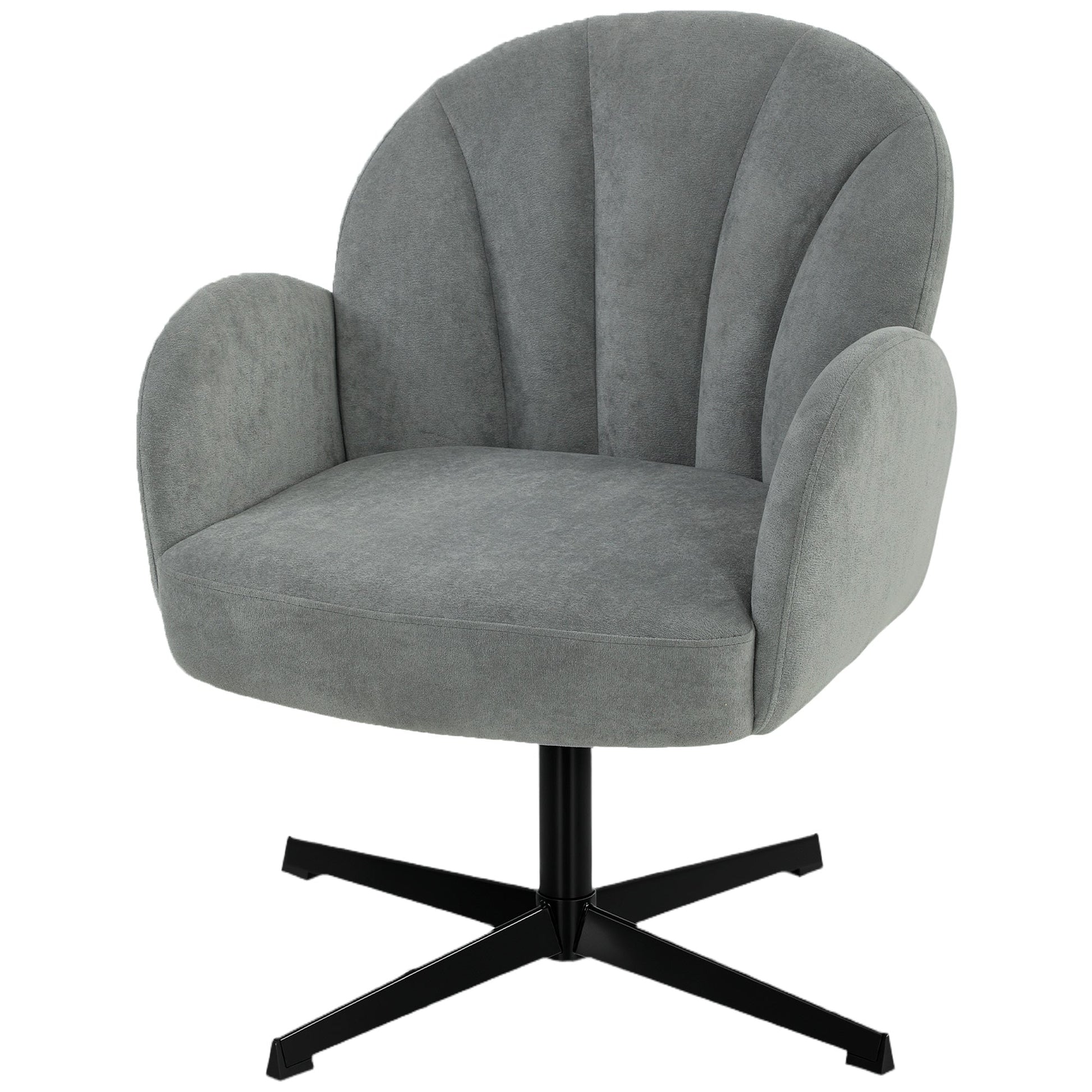 Swivel Accent Chair, Velvet-Feel Fabric Shell-Shaped Armchair with Spring Cushion, Metal Base, Modern Reading Chair for Living Room, Bedroom, Study, Makeup, Grey