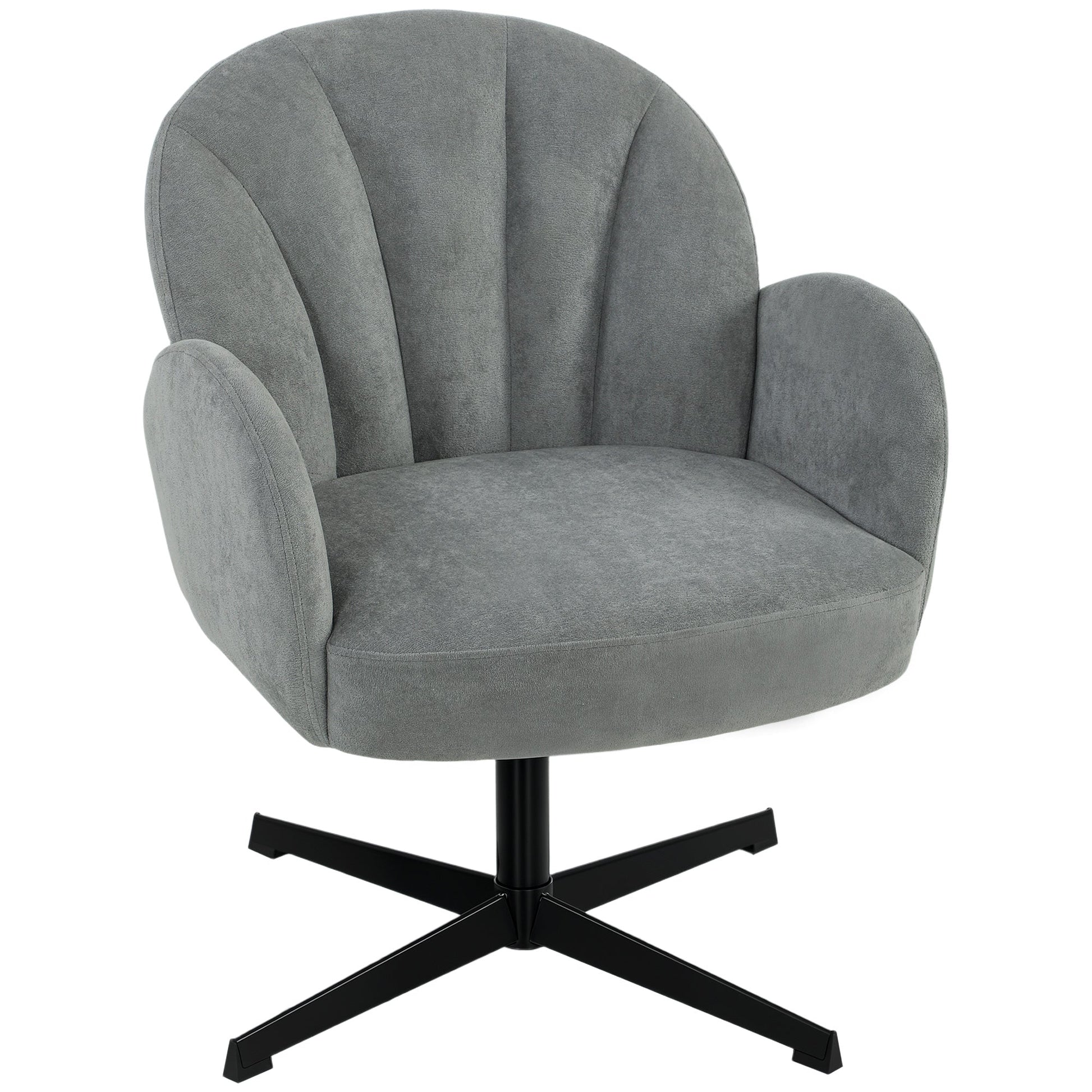 Swivel Accent Chair, Velvet-Feel Fabric Shell-Shaped Armchair with Spring Cushion, Metal Base, Modern Reading Chair for Living Room, Bedroom, Study, Makeup, Grey