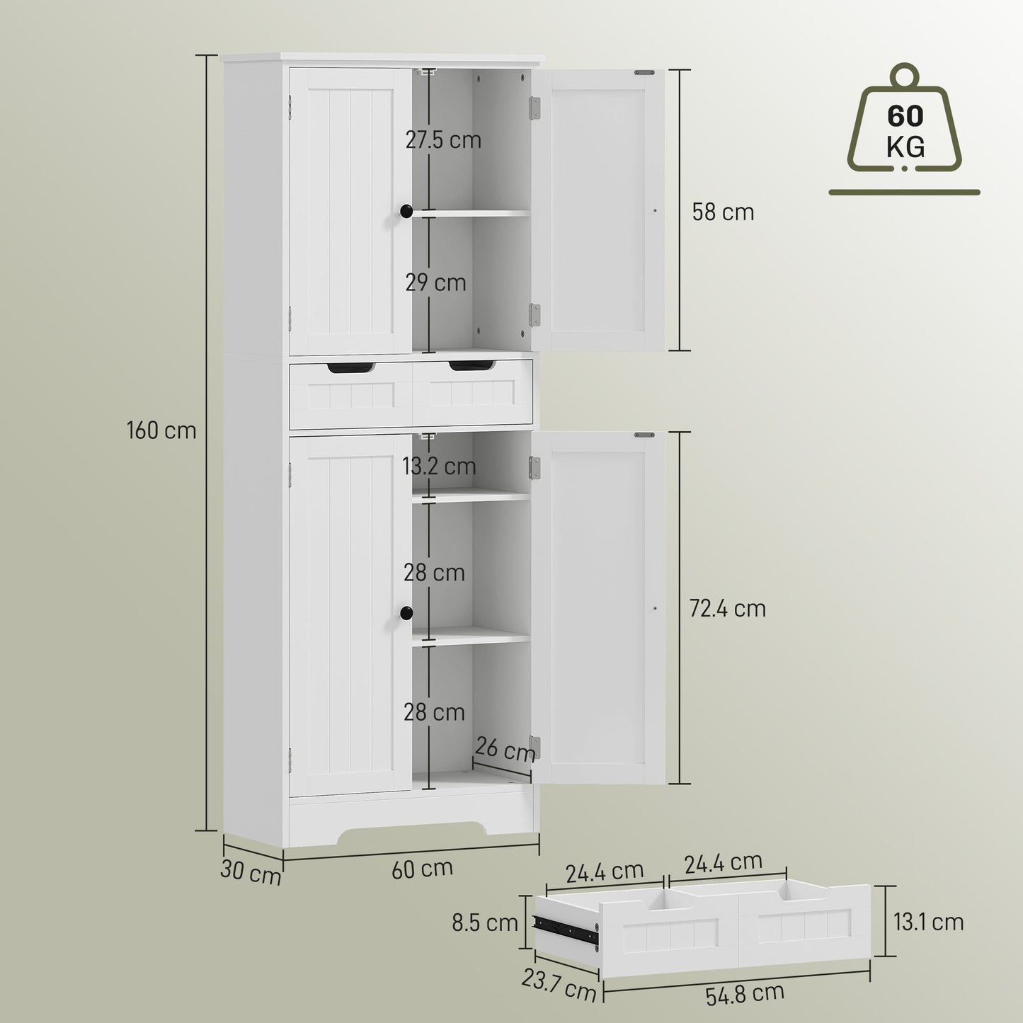 Tall Bathroom Cabinet, Freestanding Storage Cupboard, Bathroom Storage Cabinet with Drawer, Shelves and Doors, 60 x 30 x 160 cm, White