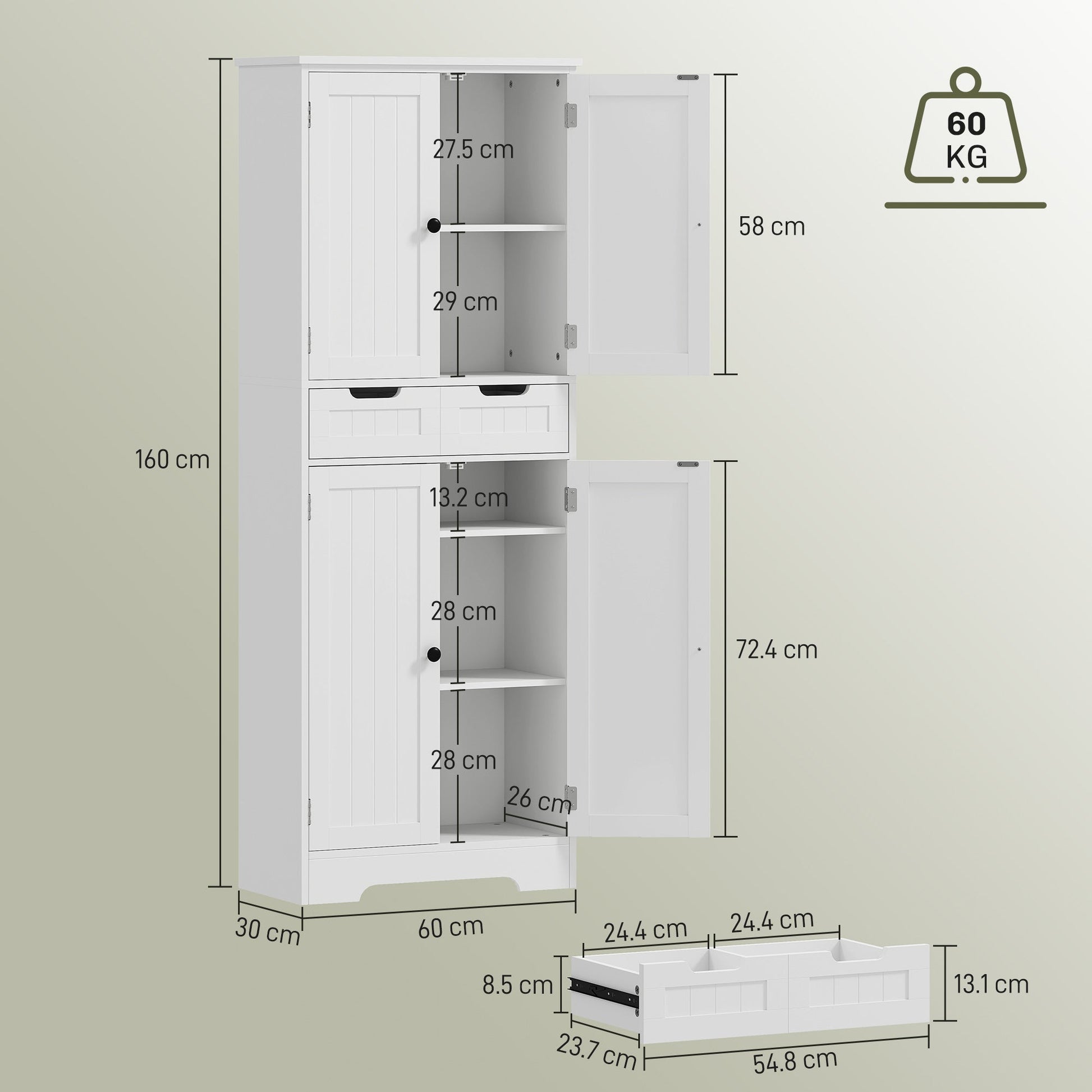 Tall Bathroom Cabinet, Freestanding Storage Cupboard, Bathroom Storage Cabinet with Drawer, Shelves and Doors, 60 x 30 x 160 cm, White