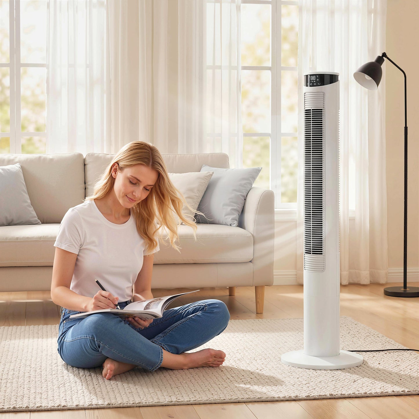116 cm Tower Fan for Cooling, Standing Floor Fan with WiFi Control, 65° Oscillating, 12 Hour Timer, LED Display and Remote Control for Bedroom, Office, White
