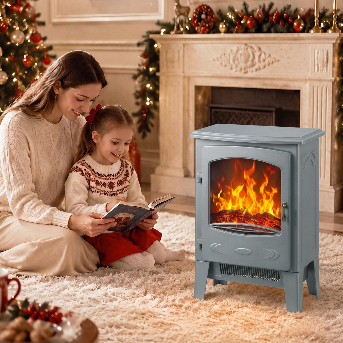 Electric Fireplace Stove, Freestanding Log Burner, 1000W/2000W, Portable Electric Fire Fan Heater with LED Flame Effect, Adjustable Thermostat, Tempered Glass, Overheat Protection， Grey