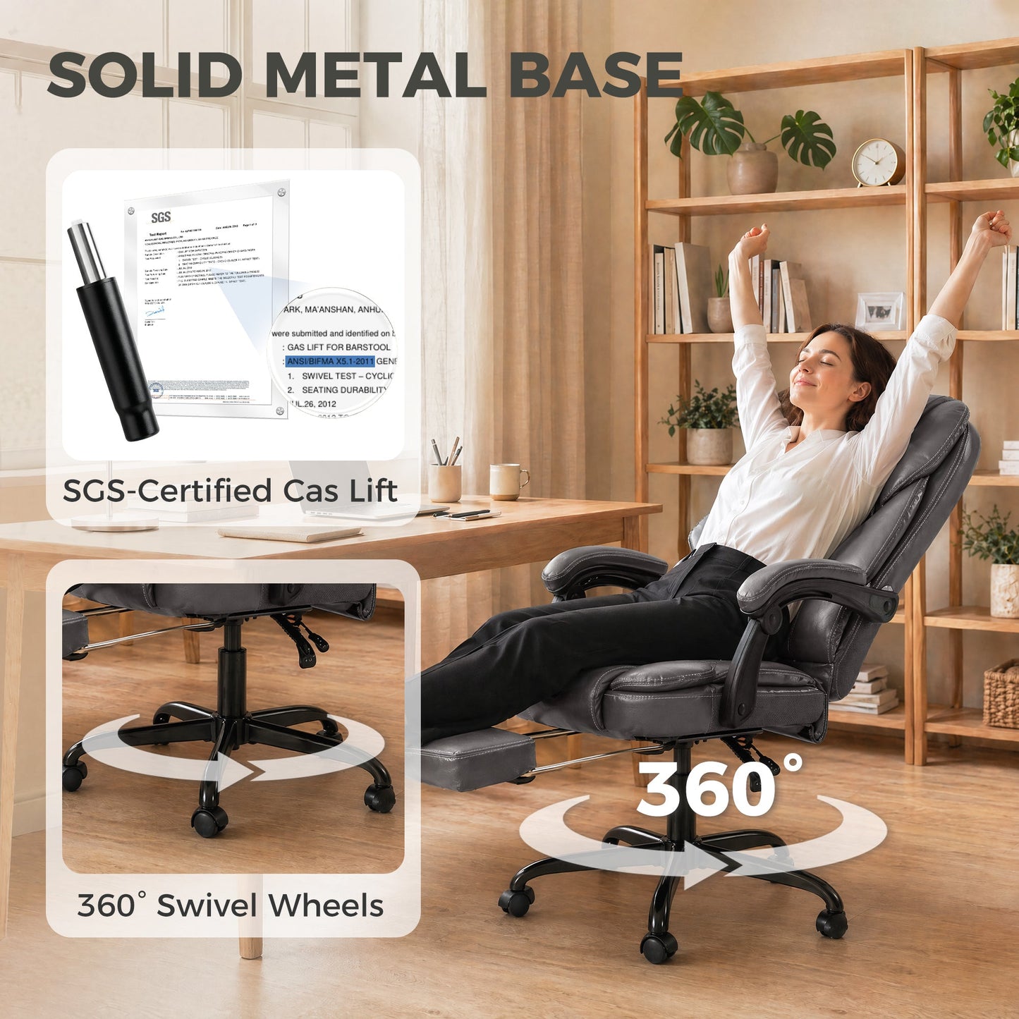 High-Back Executive Home Office Chair, PU Leather Computer Desk Chair with 360 Degree Swivel, Reclining Function, Retractable Footrest and Adjustable Height, Grey