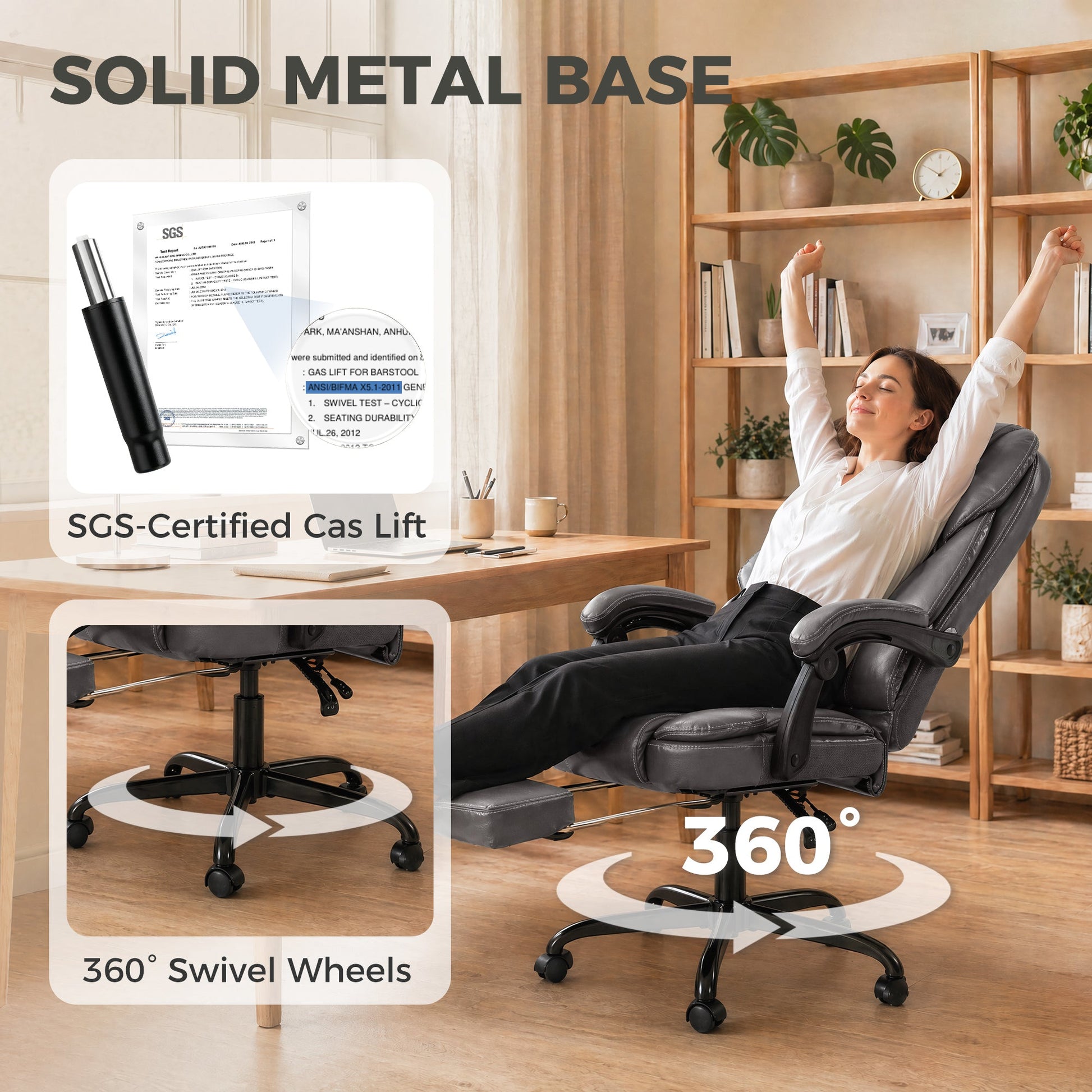 High-Back Executive Home Office Chair, PU Leather Computer Desk Chair with 360 Degree Swivel, Reclining Function, Retractable Footrest and Adjustable Height, Grey