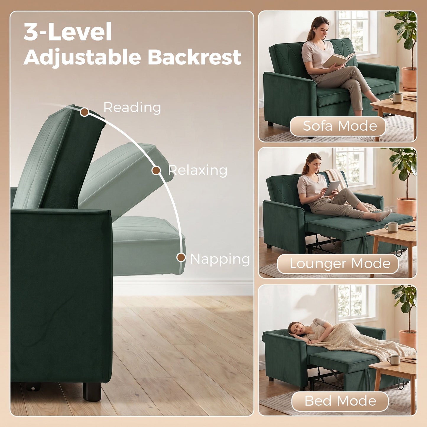 2 Seater Sofa Bed, 3-in-1 Convertible Pull Out Sleeper Sofa, Velvet Loveseat Bed Settee with Clik-Clack Adjustable Backrest, High-Density Foam for Living Room, Bedroom, Guest Room, Dark Green