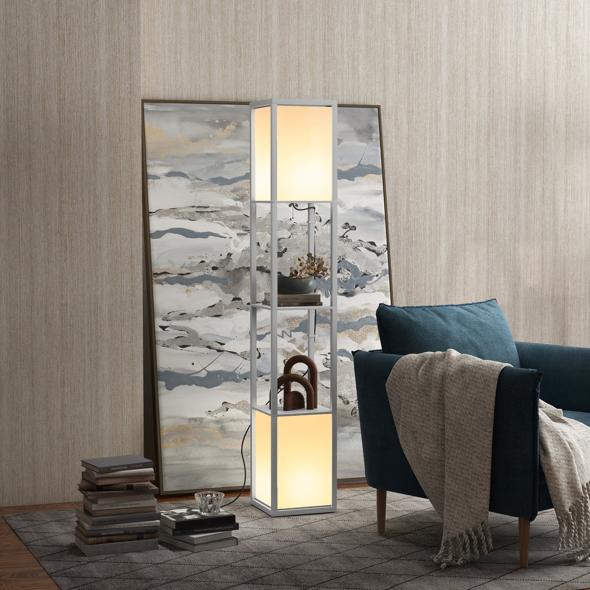 HOMCOM Floor Lamp with Shelves and Dual Light, Modern Corner Standing Lamp for Living Room, Bedroom, Bulb not Included, Light Grey