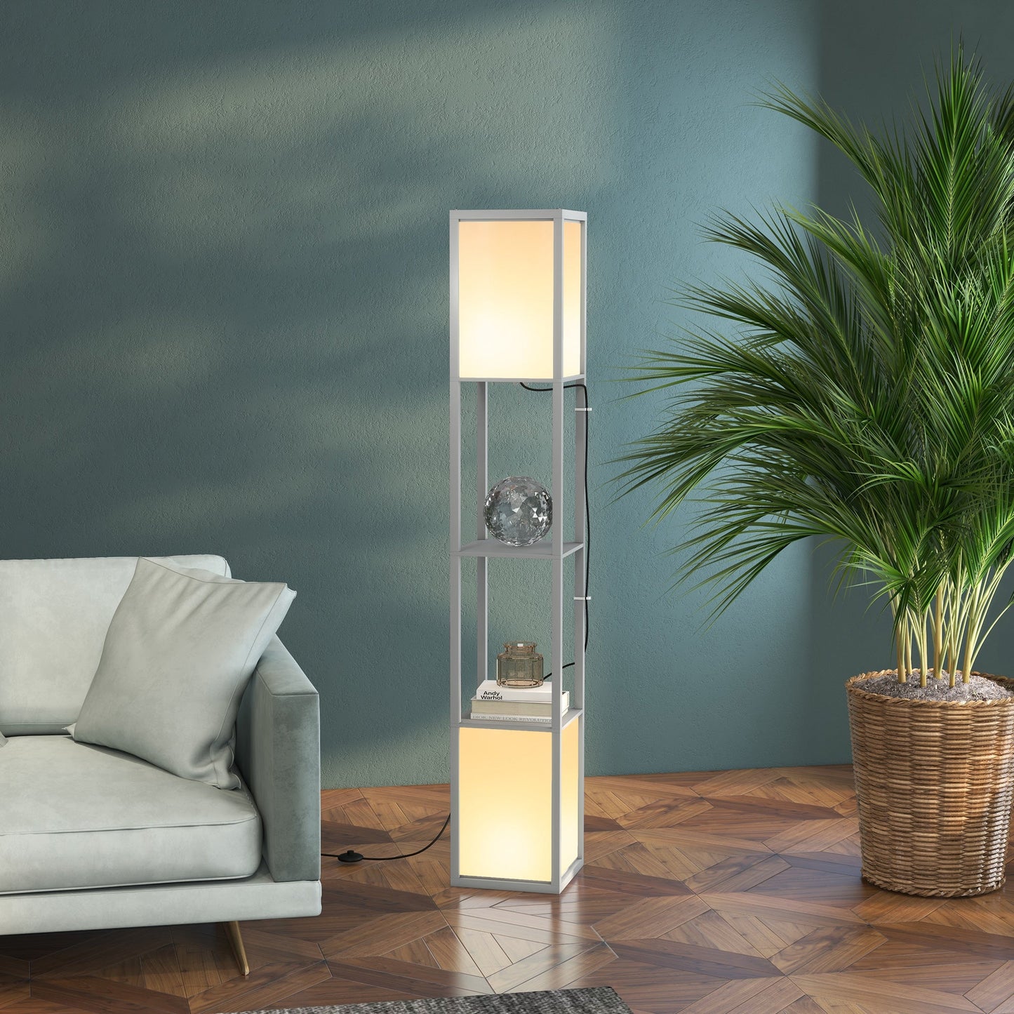 HOMCOM Floor Lamp with Shelves and Dual Light, Modern Corner Standing Lamp for Living Room, Bedroom, Bulb not Included, Light Grey
