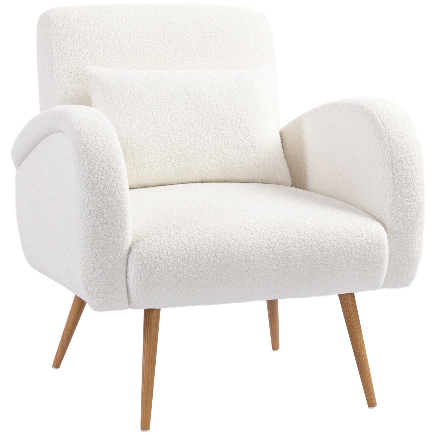 Modern Accent Chair, Teddy Fleece Upholstered Armchair with Lumbar Pillow, Metal Legs, Reading Lounge Chair for Living Room, Bedroom, Cream White