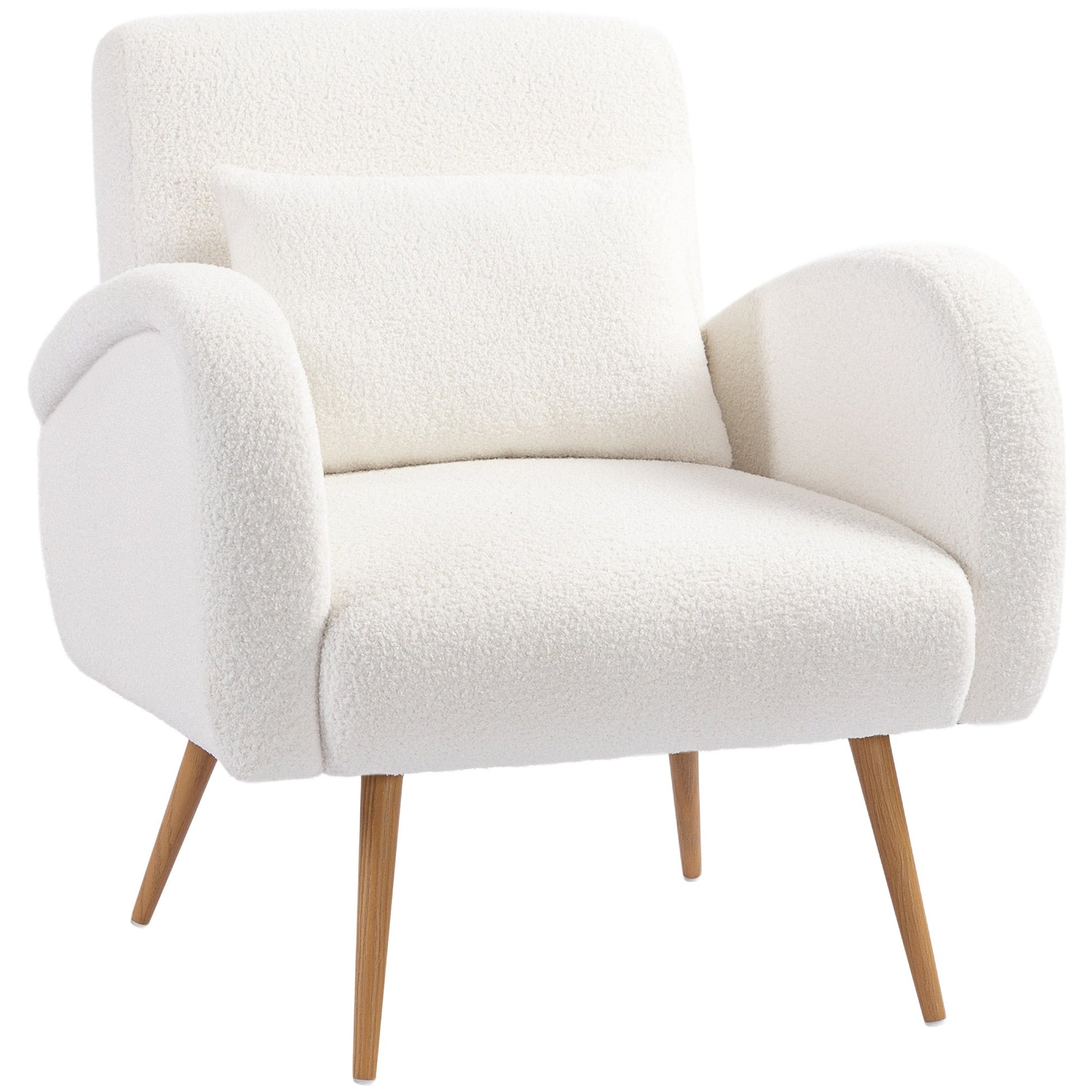 Modern Accent Chair, Teddy Fleece Upholstered Armchair with Lumbar Pillow, Metal Legs, Reading Lounge Chair for Living Room, Bedroom, Cream White