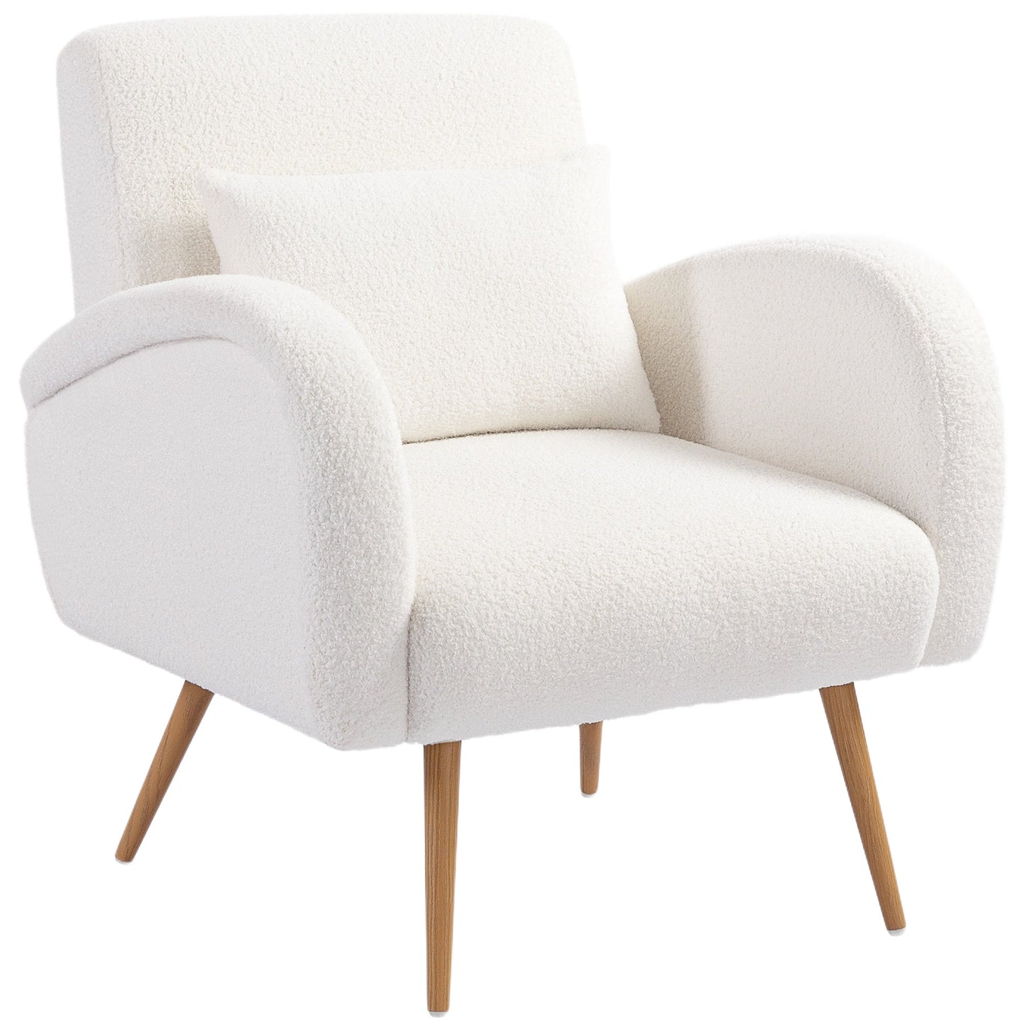 Modern Accent Chair, Teddy Fleece Upholstered Armchair with Lumbar Pillow, Metal Legs, Reading Lounge Chair for Living Room, Bedroom, Cream White