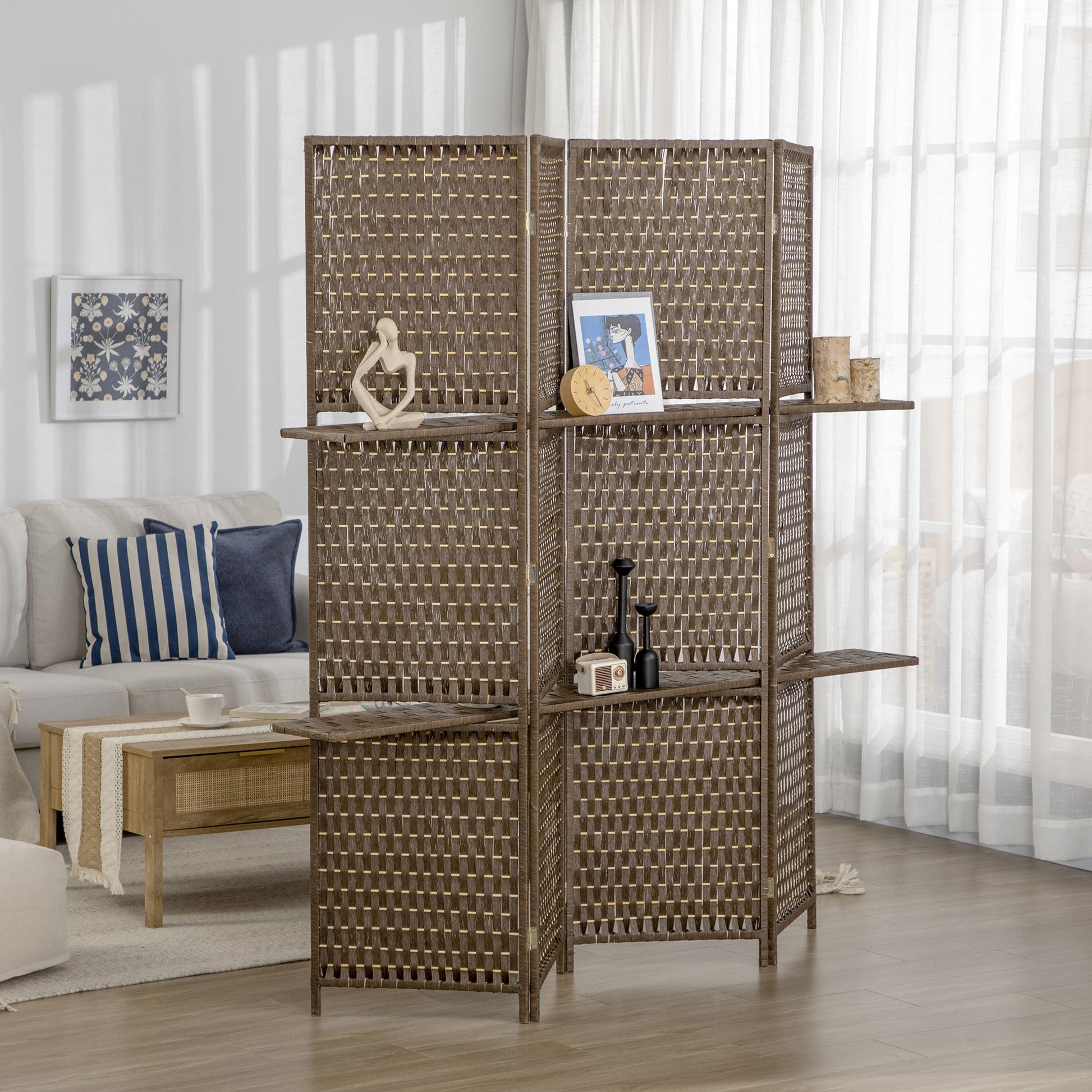 HOMCOM 4-Panel Room Dividers with Shelves, Wave Fibre Freestanding Folding Privacy Screen Panels, Partition Wall Divider for Indoor Bedroom Office, 180 cm, Brown