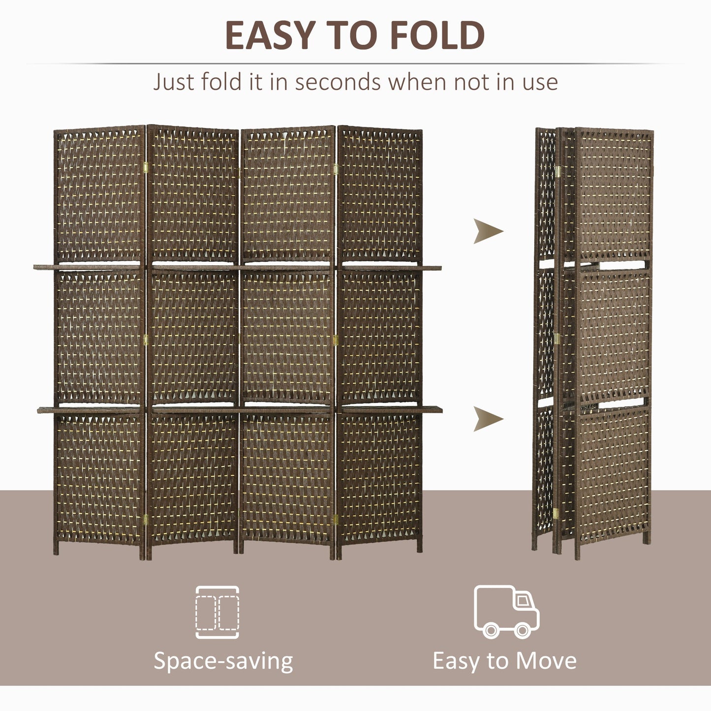 HOMCOM 4-Panel Room Dividers with Shelves, Wave Fibre Freestanding Folding Privacy Screen Panels, Partition Wall Divider for Indoor Bedroom Office, 180 cm, Brown