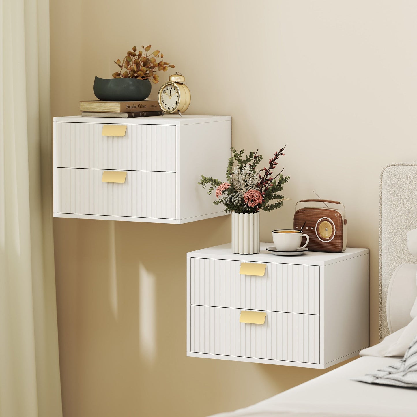 Modern Floating Nightstands Set of 2, Wall Mounted Bedside Tables with 2 Wave Drawers, Bedside Cabinets for Bedroom Living Room, White