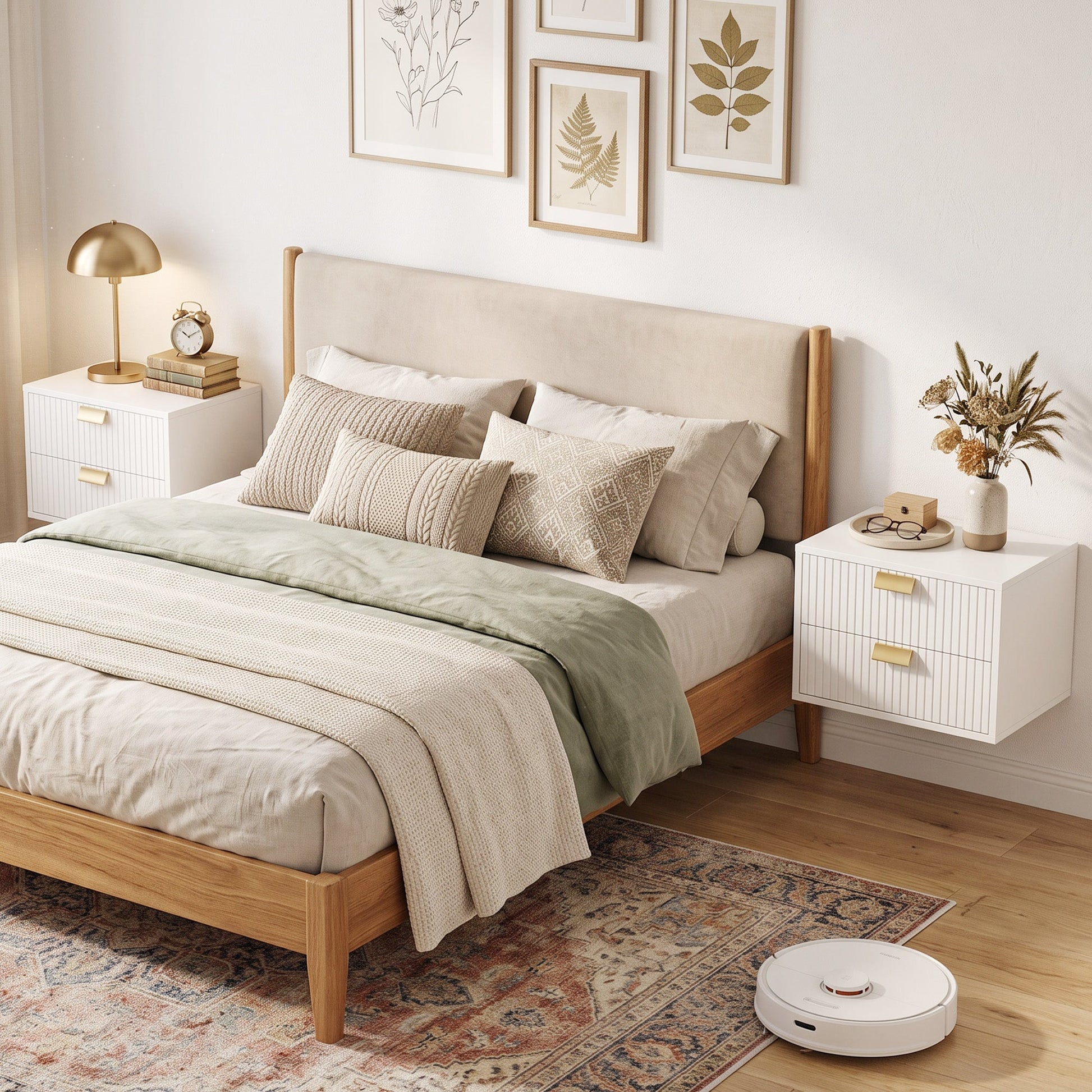 Modern Floating Nightstands Set of 2, Wall Mounted Bedside Tables with 2 Wave Drawers, Bedside Cabinets for Bedroom Living Room, White