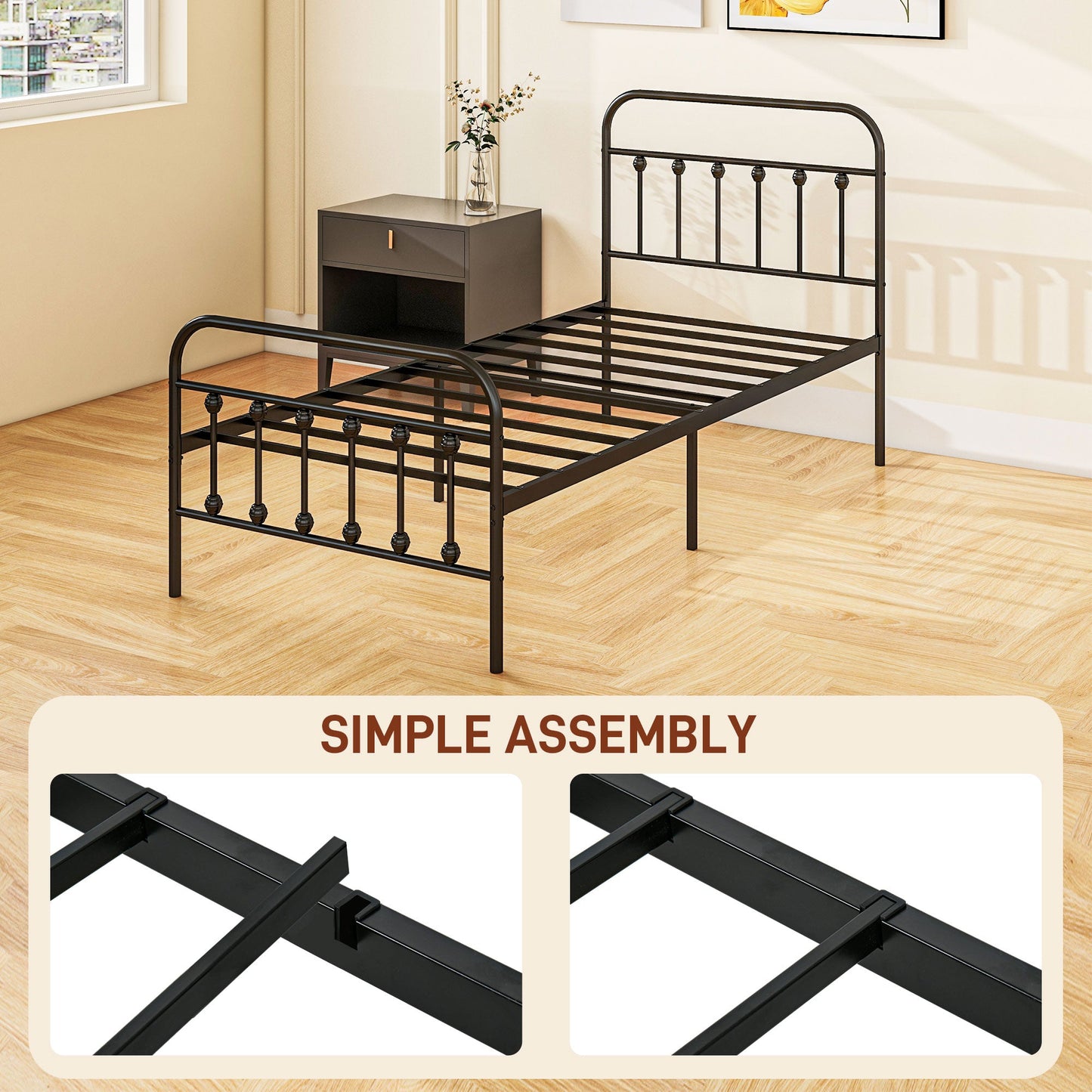 HOMCOM 3ft Single Bed Frame with Underbed Storage, Metal Platform Bed frame with Tall Headboard, Footboard and Steel Slat Support, No Box Spring Needed, Easy Assembly, Black