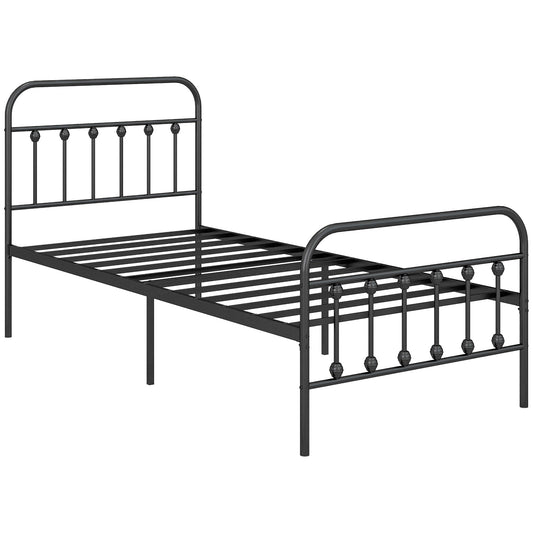 HOMCOM 3ft Single Bed Frame with Underbed Storage, Metal Platform Bed frame with Tall Headboard, Footboard and Steel Slat Support, No Box Spring Needed, Easy Assembly, Black