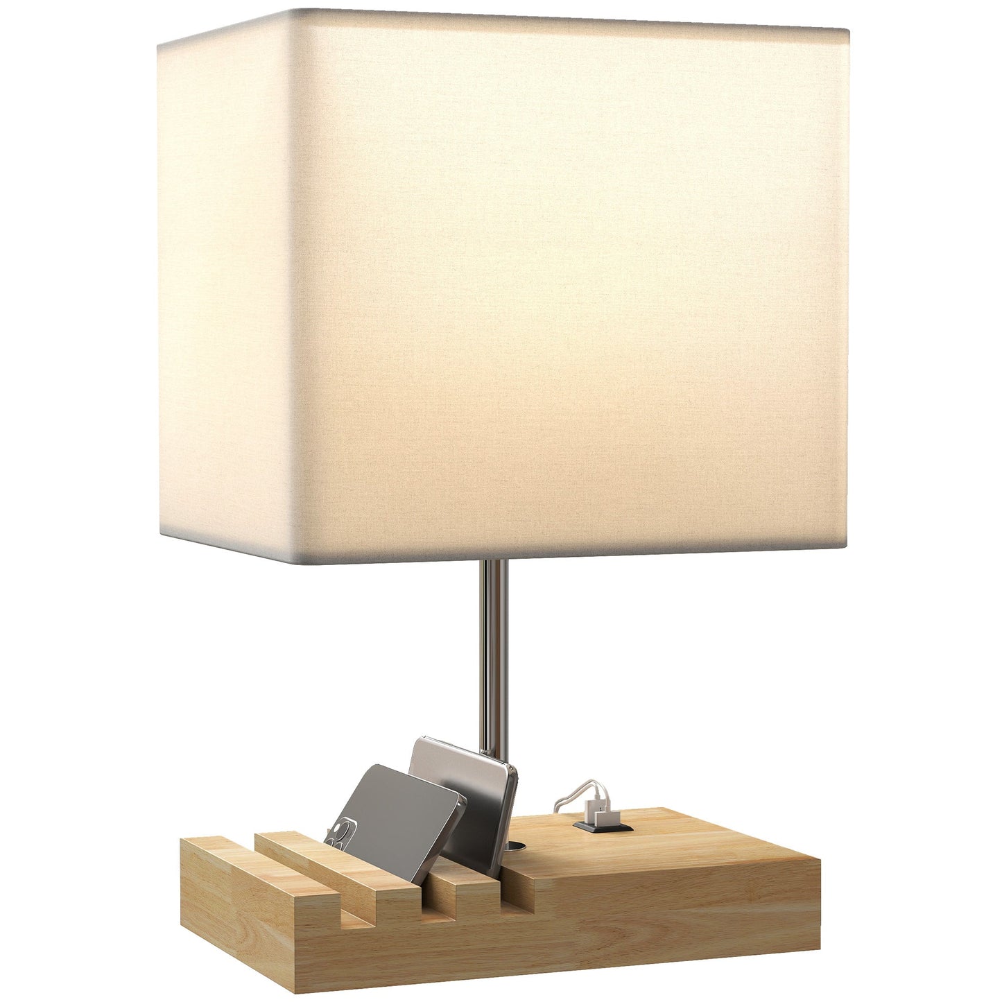 Bedside Lamp with USB A+C Charging Ports and 3 Phone Stands, Modern Table Lamp with Solid Wood Base and Fabric Shade for Bedroom Living Room Office, E27 Socket, Bulb Not Included, White