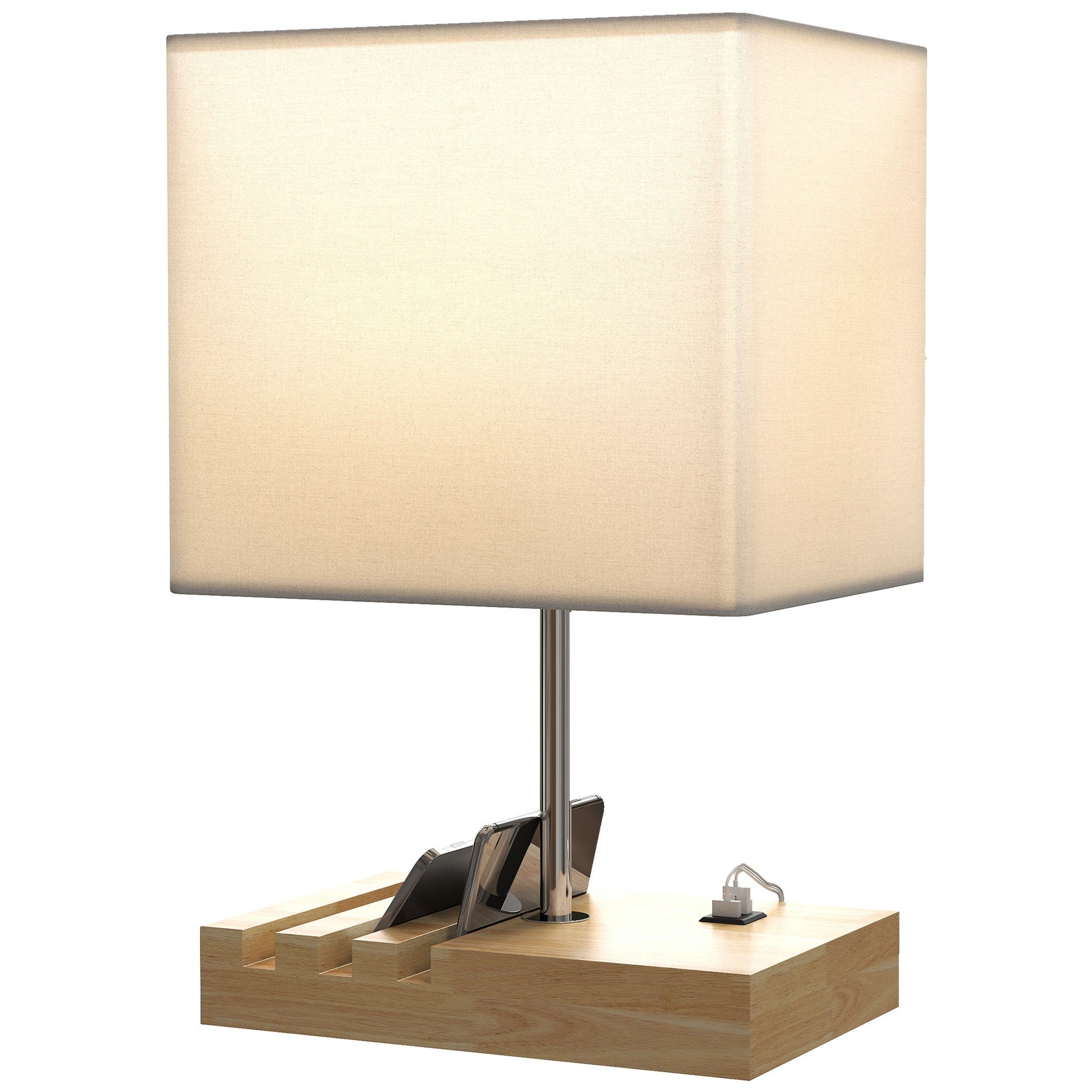 Bedside Lamp with USB A+C Charging Ports and 3 Phone Stands, Modern Table Lamp with Solid Wood Base and Fabric Shade for Bedroom Living Room Office, E27 Socket, Bulb Not Included, White