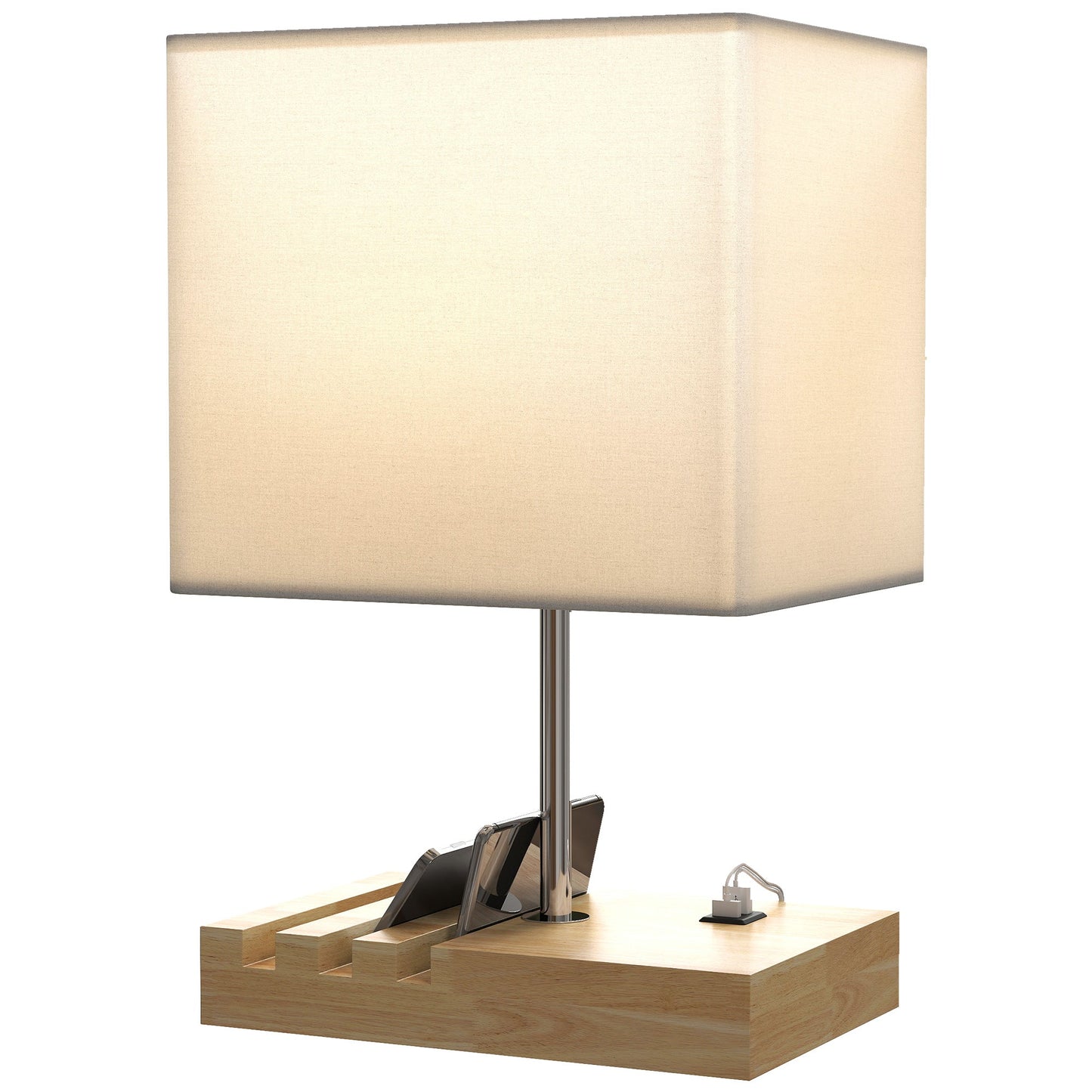 Bedside Lamp with USB A+C Charging Ports and 3 Phone Stands, Modern Table Lamp with Solid Wood Base and Fabric Shade for Bedroom Living Room Office, E27 Socket, Bulb Not Included, White